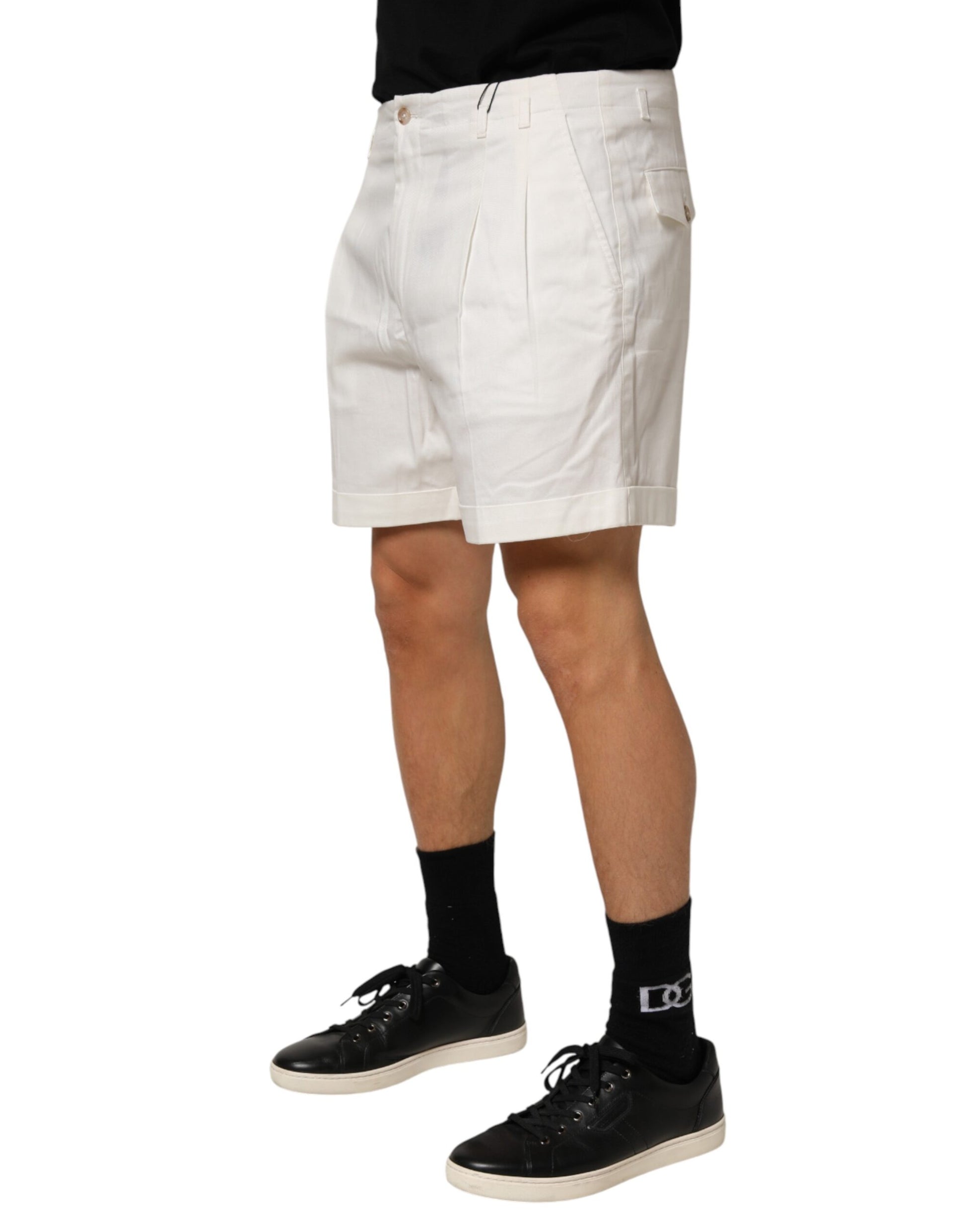 White cotton mid waist men's bermuda shorts with black laces and a logo on the side
