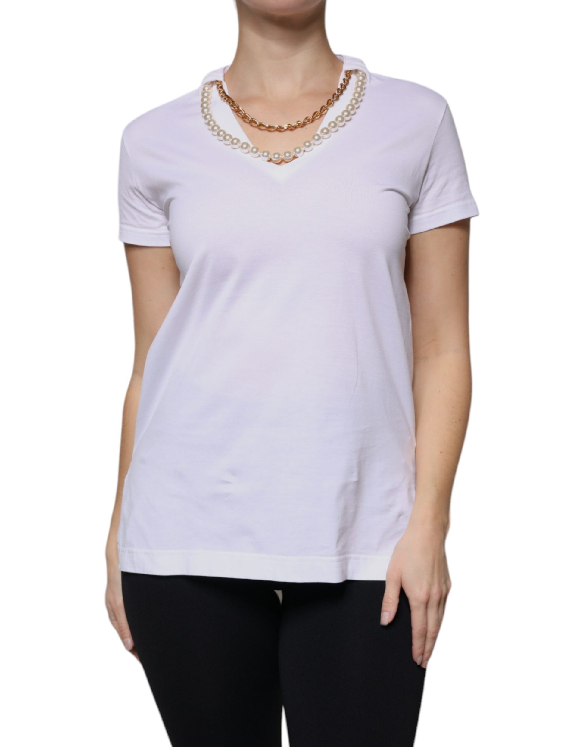 Woman wearing white shirt with neckline detail