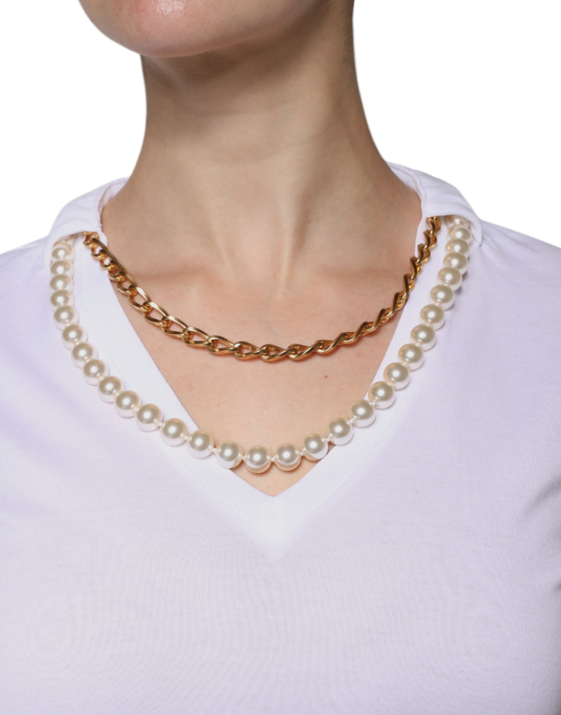 Woman wearing pearl necklace