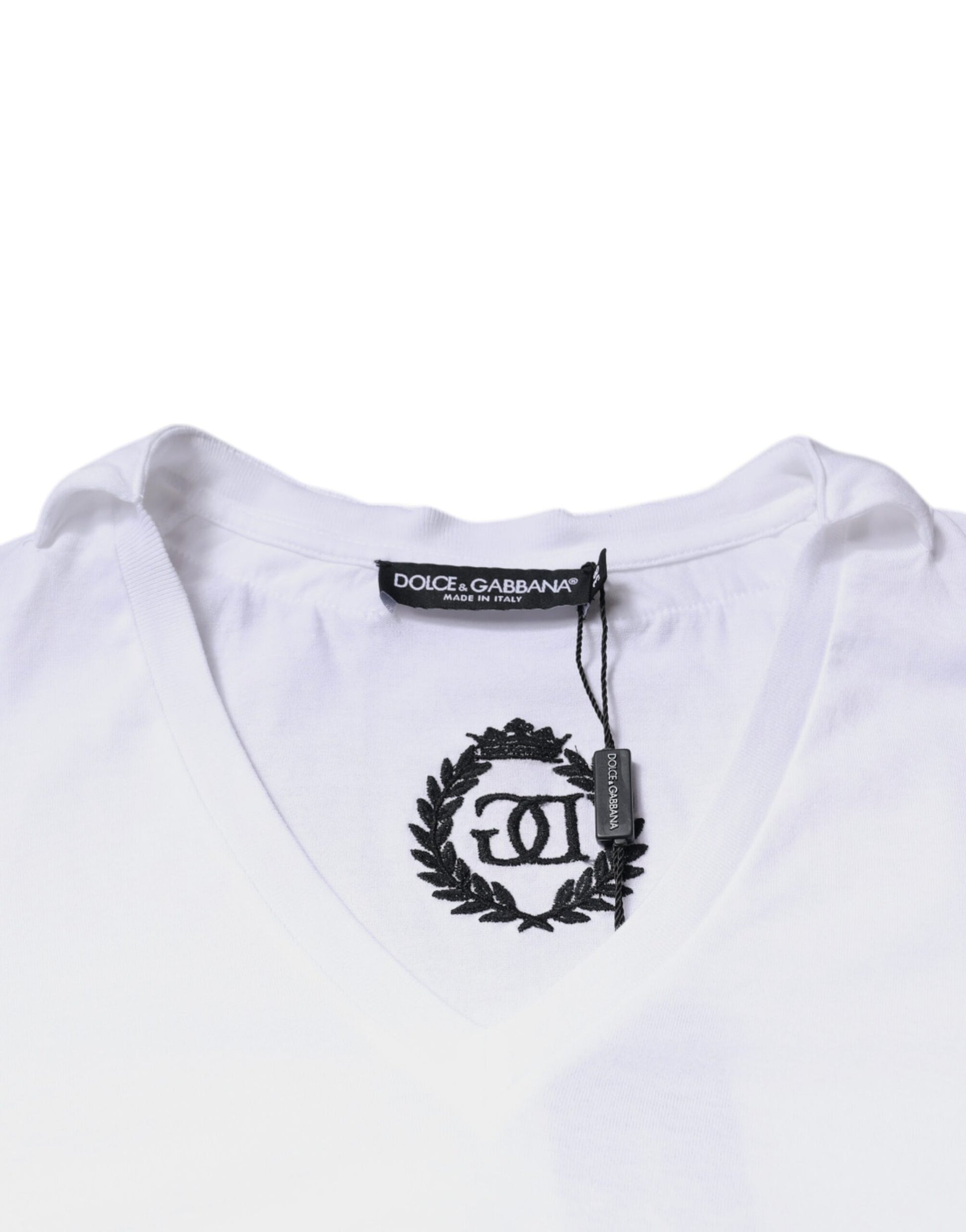 White v neck t-shirt with black logo on front
