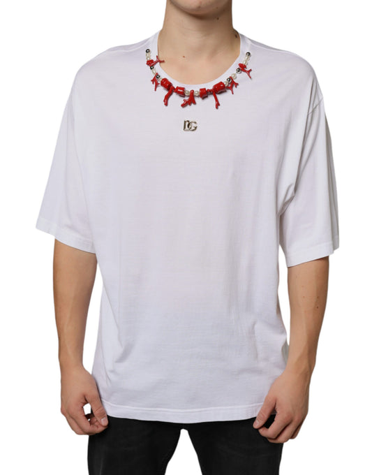 White long sleeve shirt with red beads on neckline