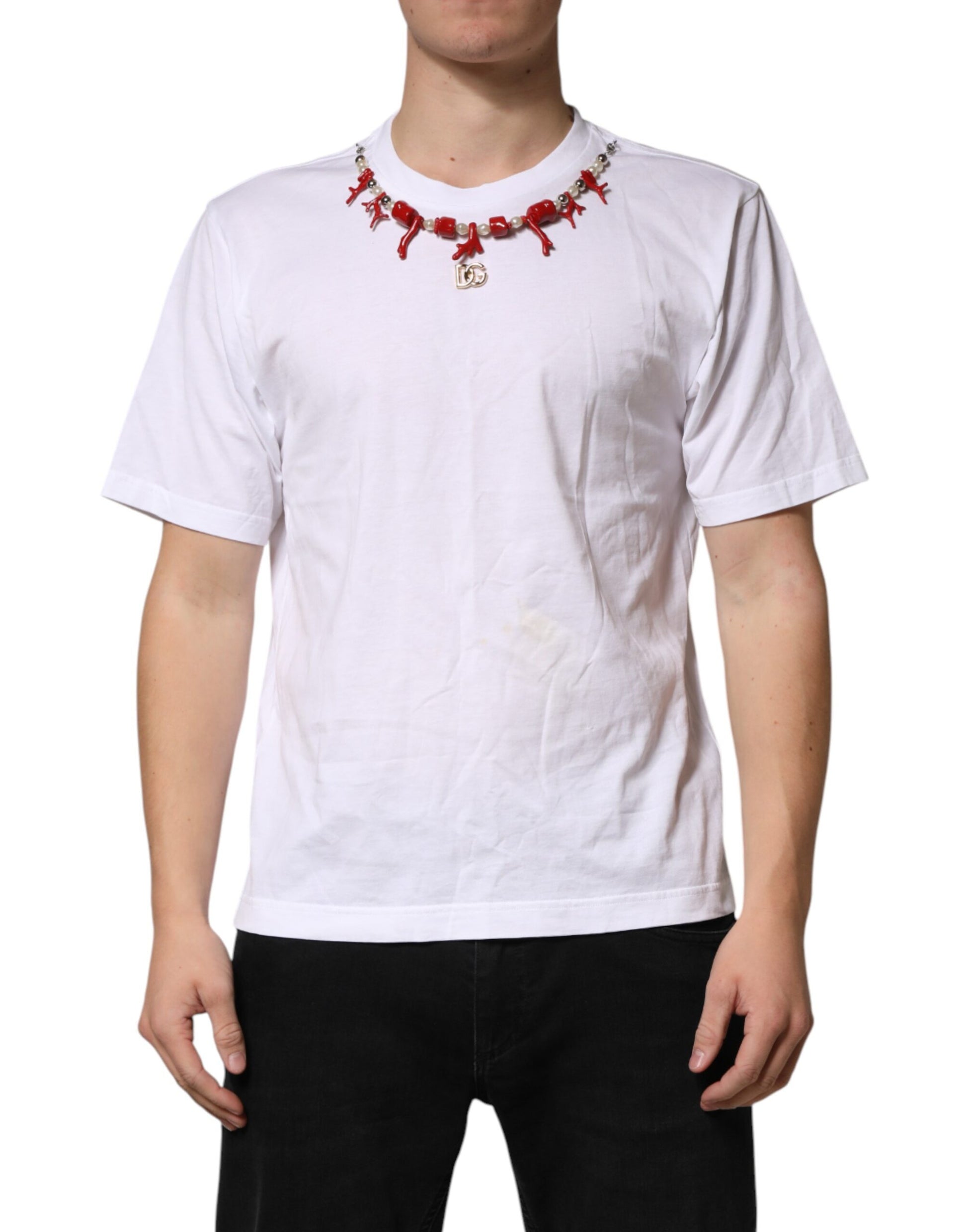 White t-shirt with red beads around neck