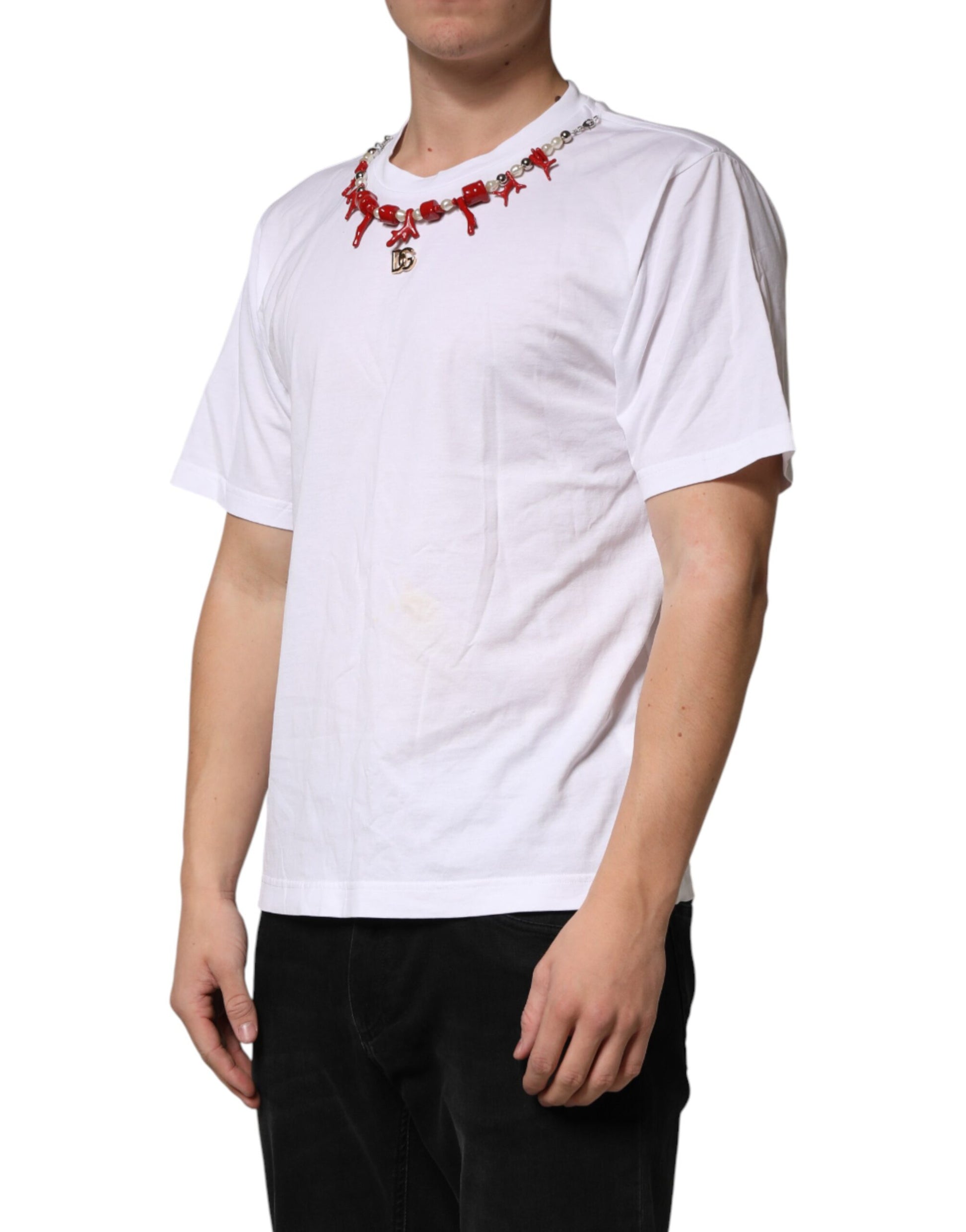 White t-shirt with red design on front