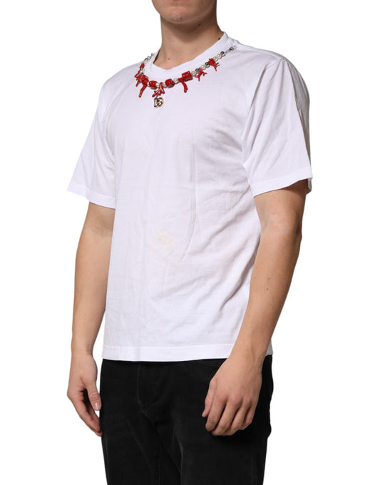 White t-shirt with red design on front