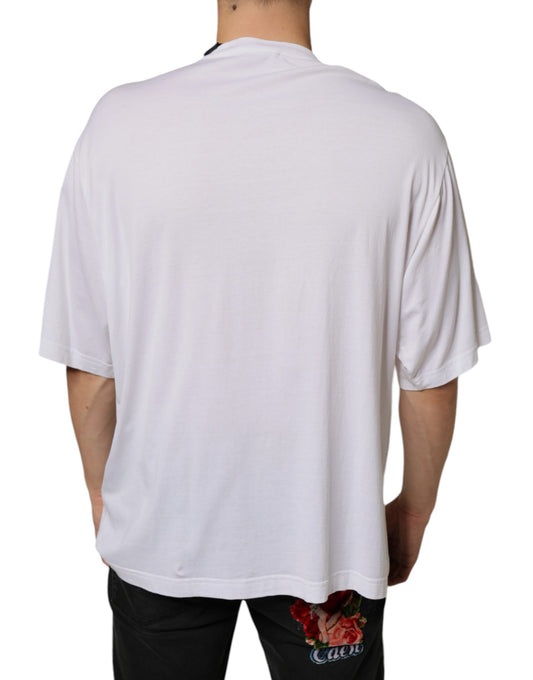 White t-shirt with horizontal stripes on back