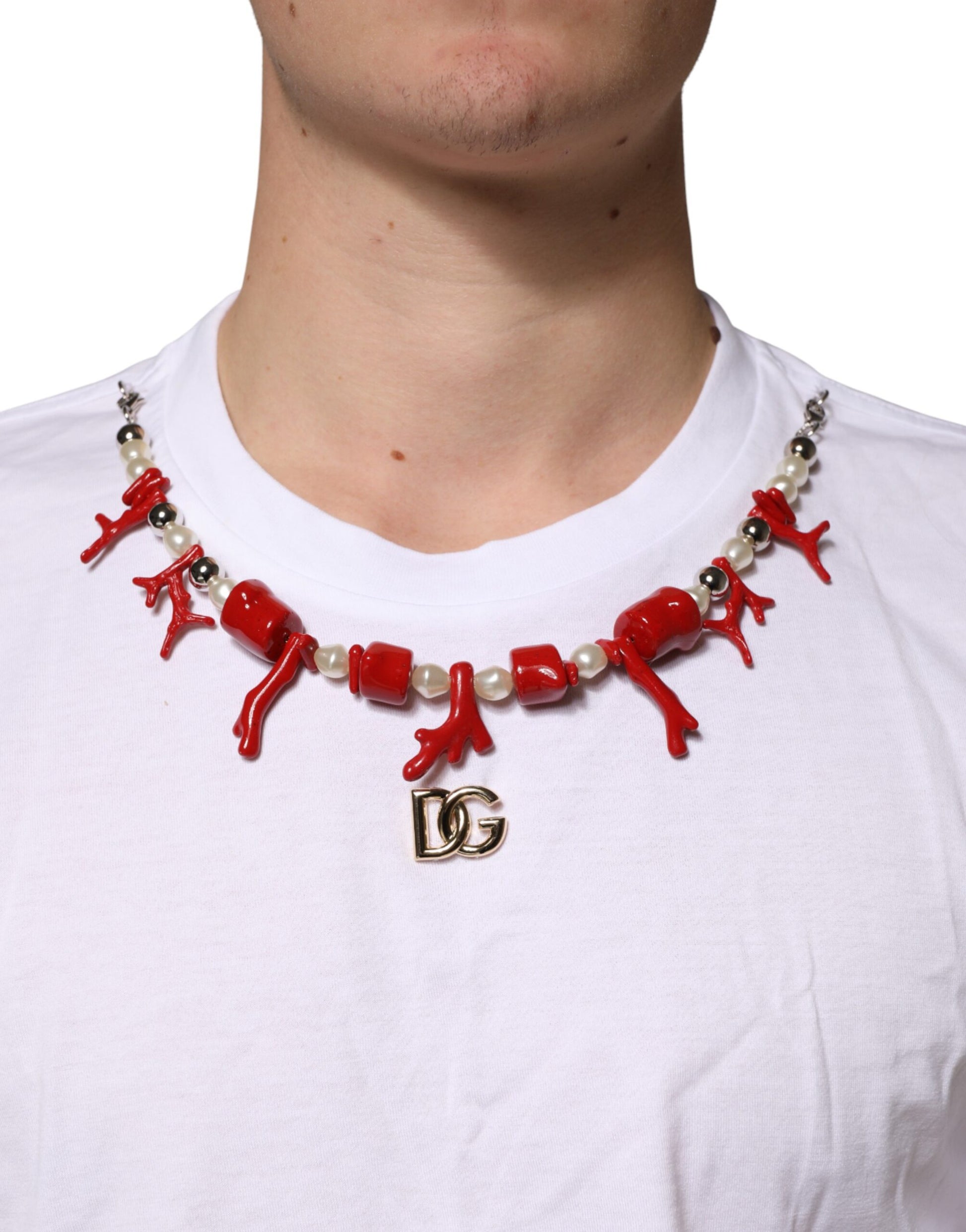 Red necklace with pearls and lobster charms