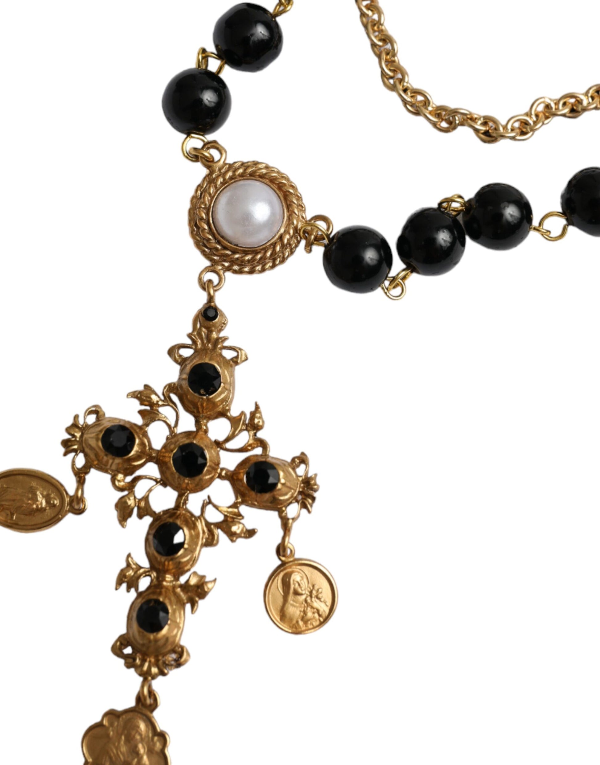Gold necklace with black beads and pearl pendant