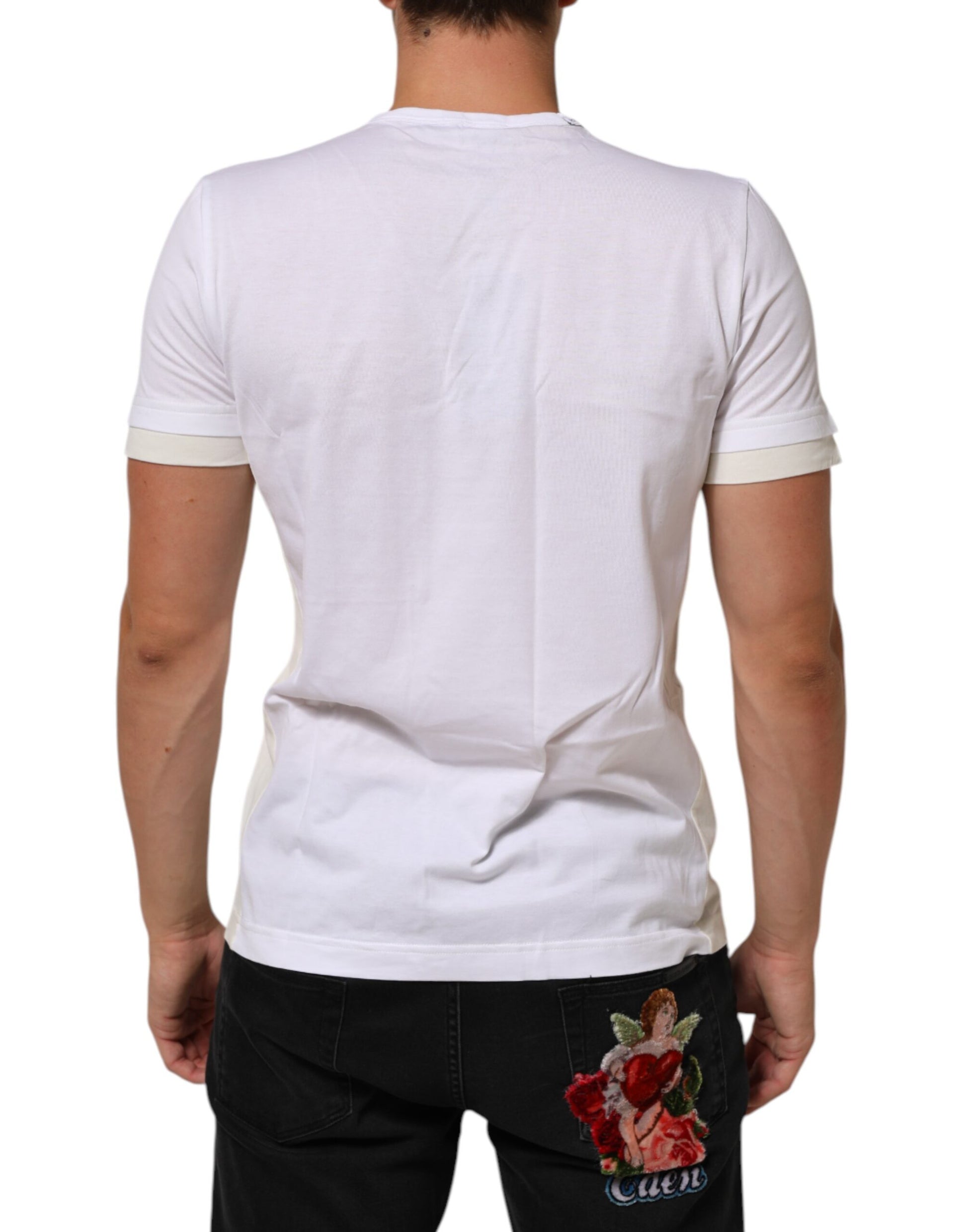 White short sleeve t-shirt with a graphic on the back