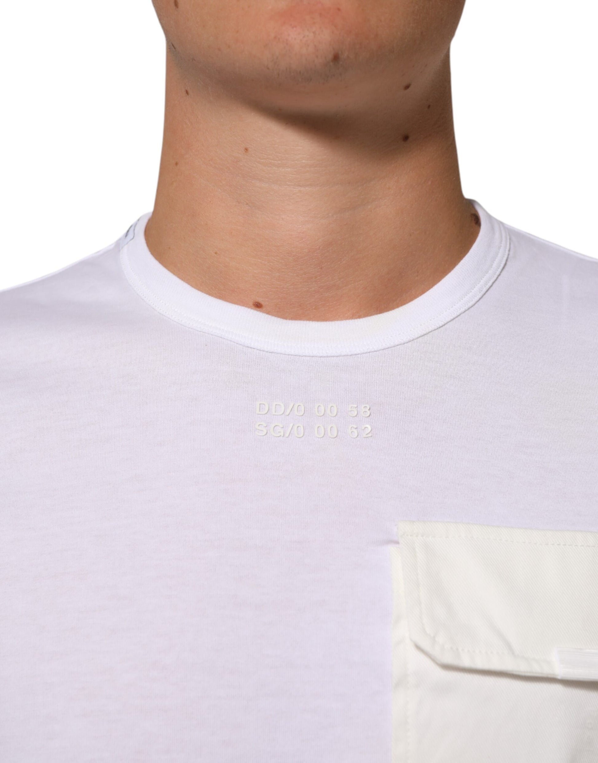 Man wearing white t-shirt with logo on neck