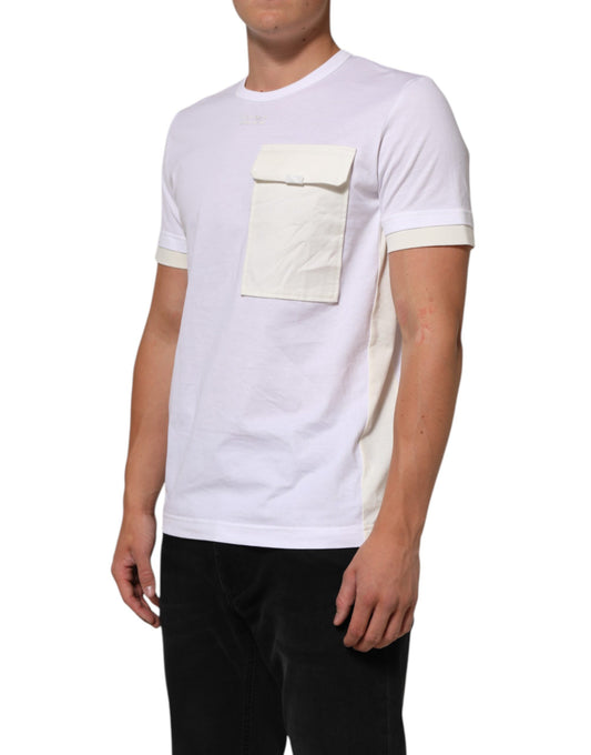 Man wearing white t-shirt with pocket on left side