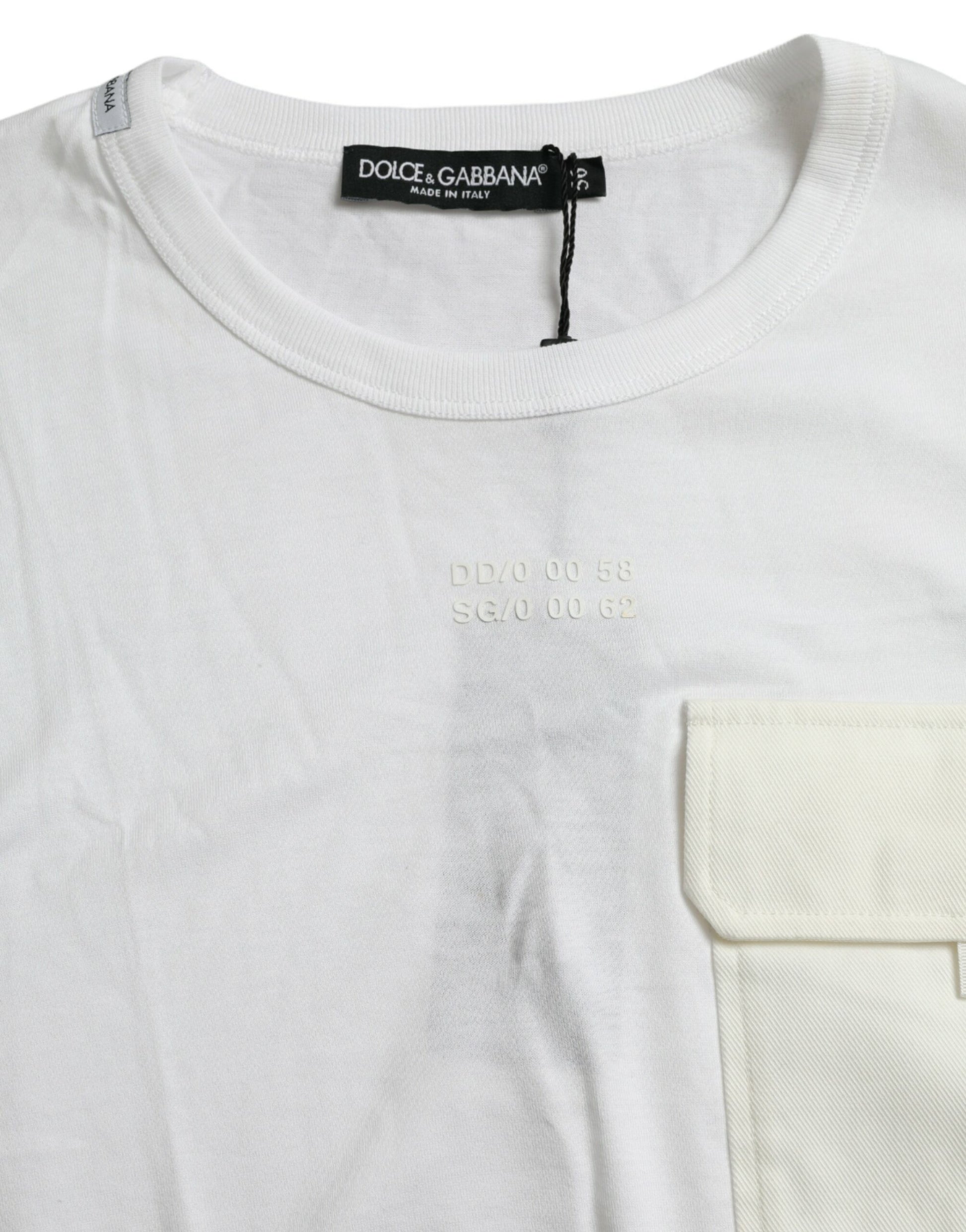 White t-shirt with stripes on sleeves and pocket