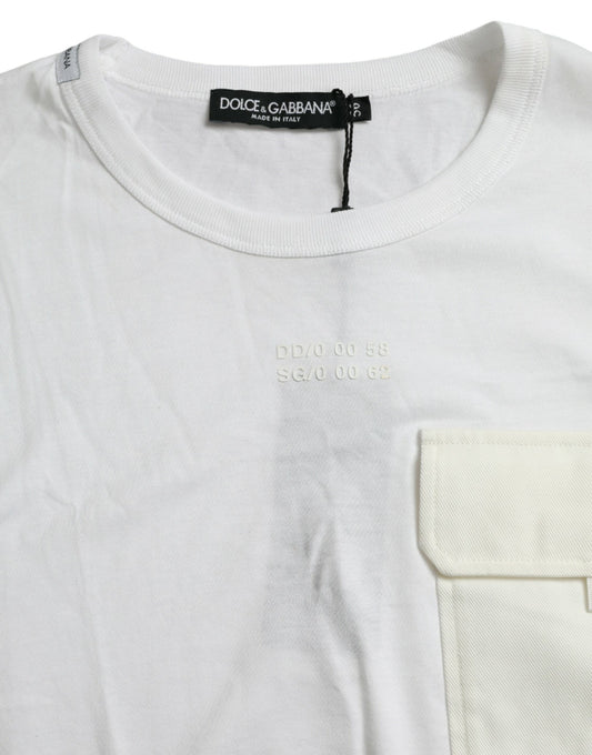 White t-shirt with stripes on sleeves and pocket