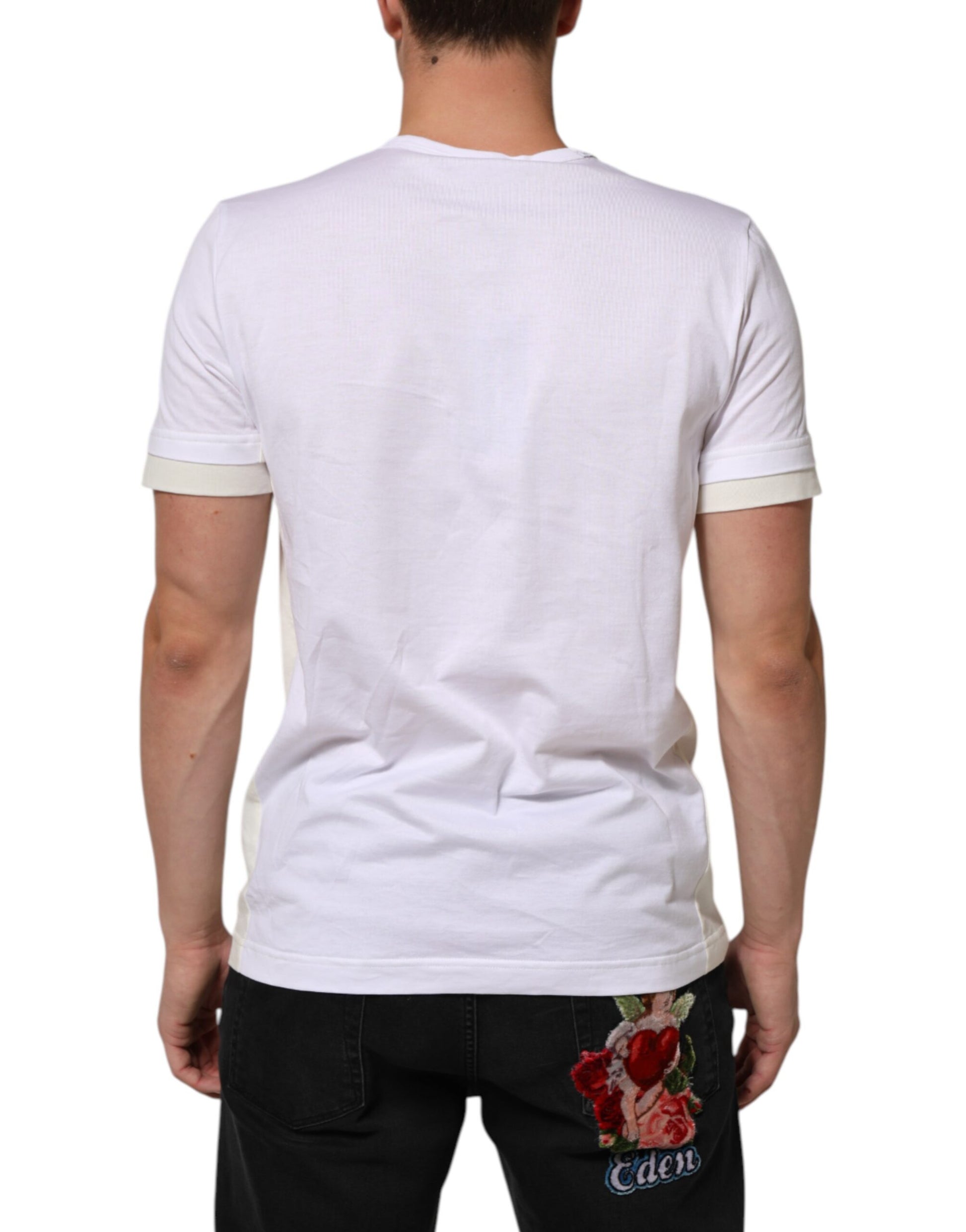 White short sleeve t-shirt with a floral design on back