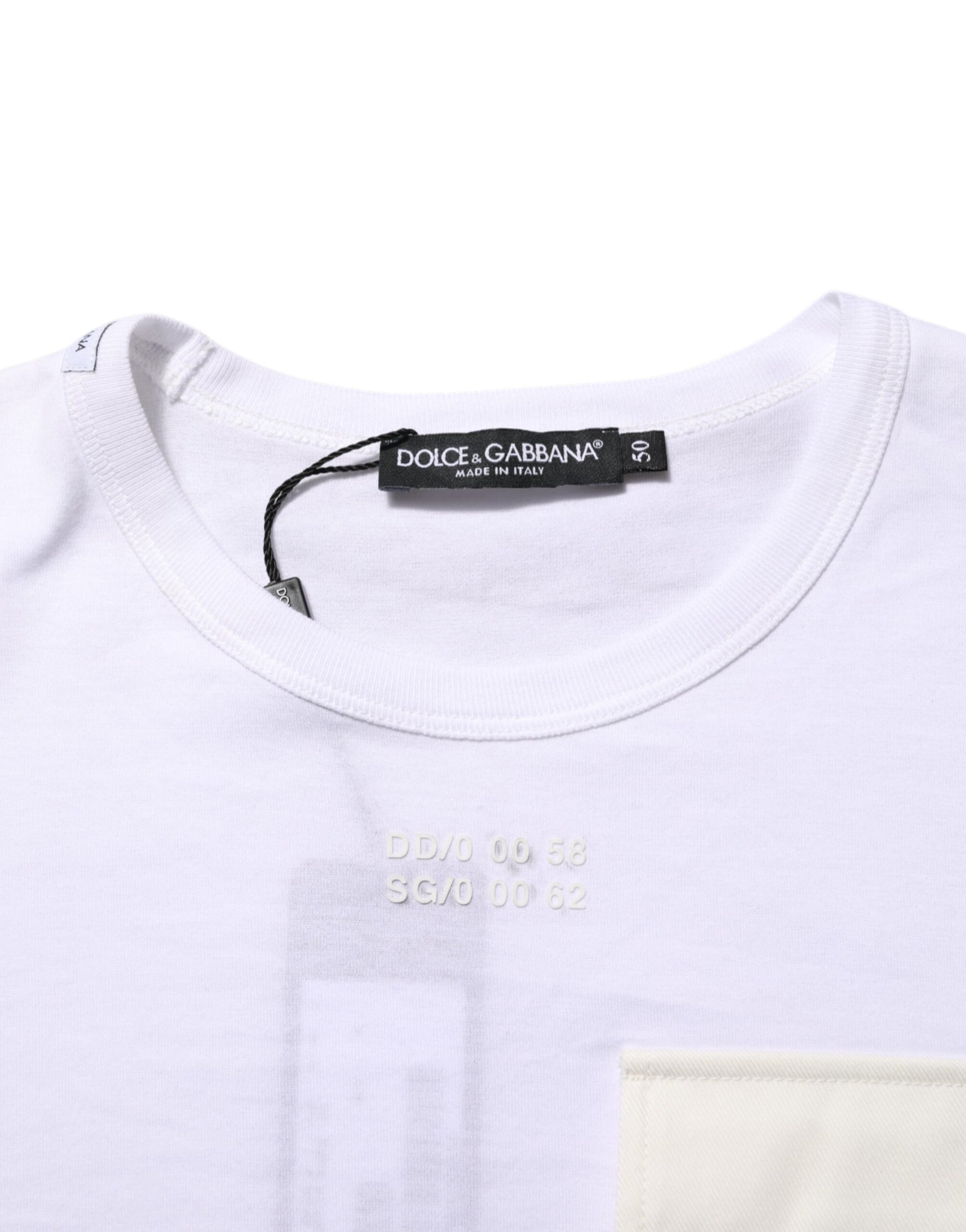 White t-shirt with black text on front