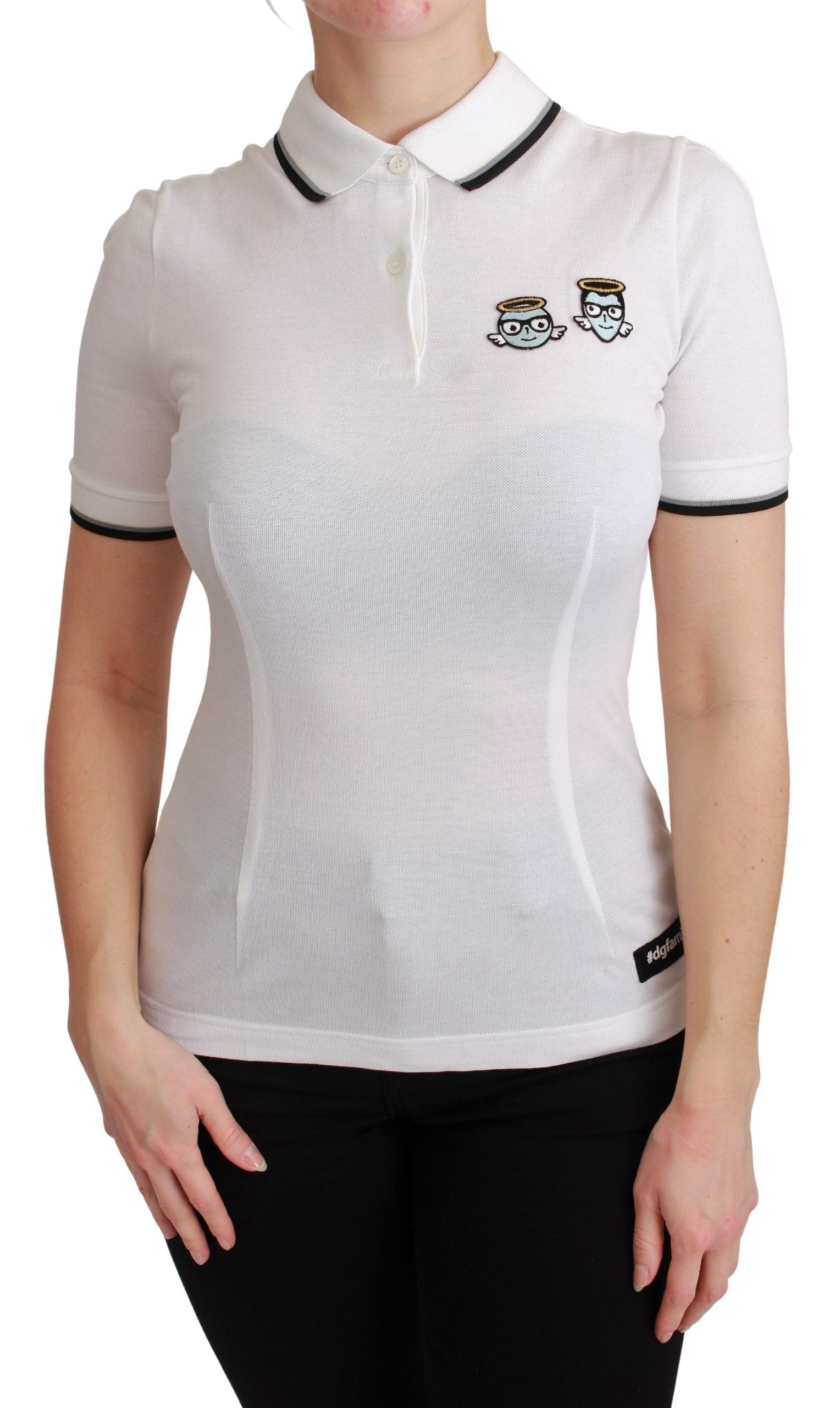 White polo shirt with black collar and sleeve trim