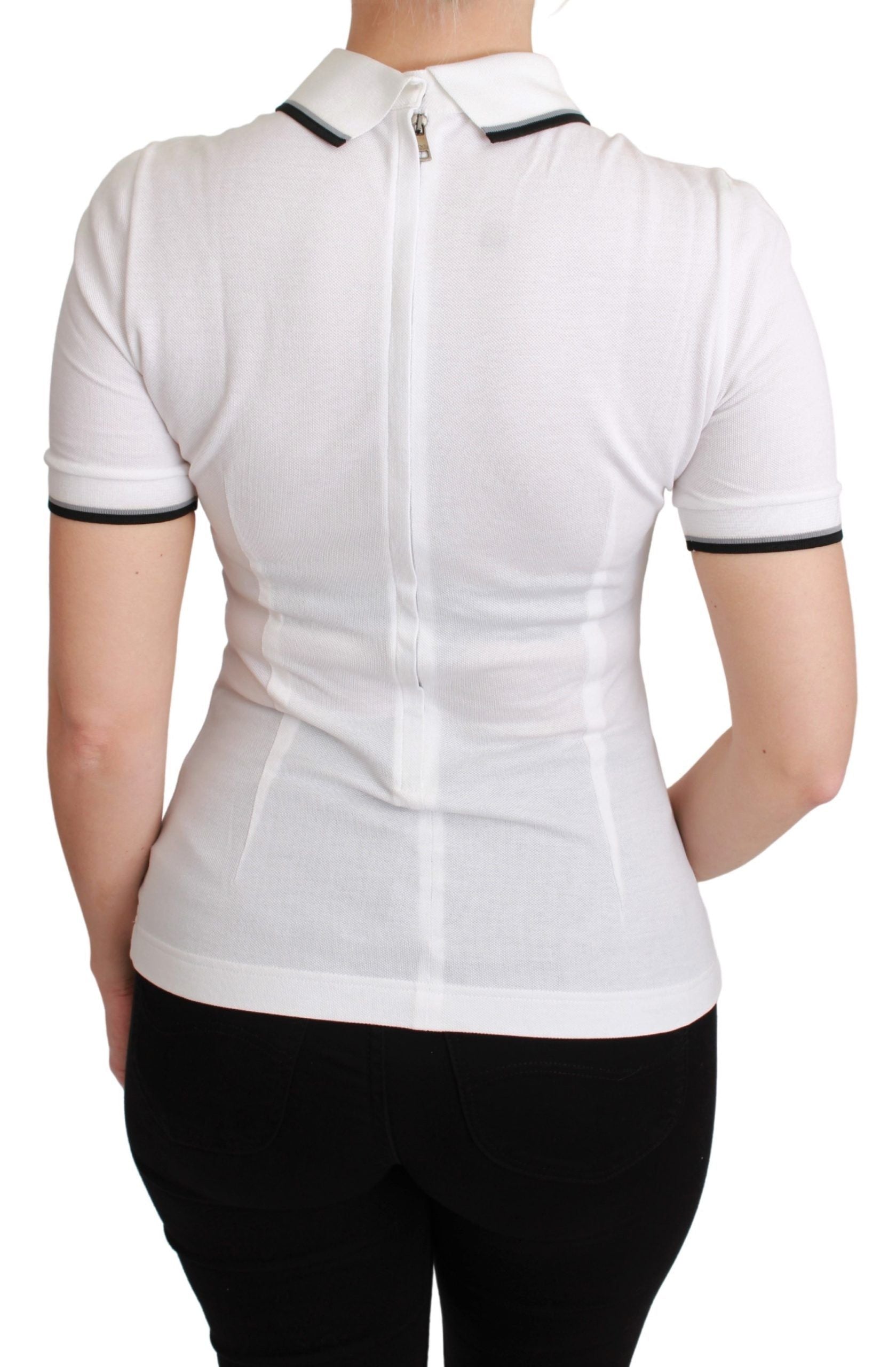 White polo shirt with black trim on back