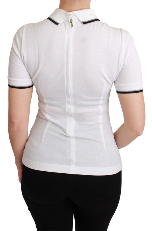 White polo shirt with black trim on back