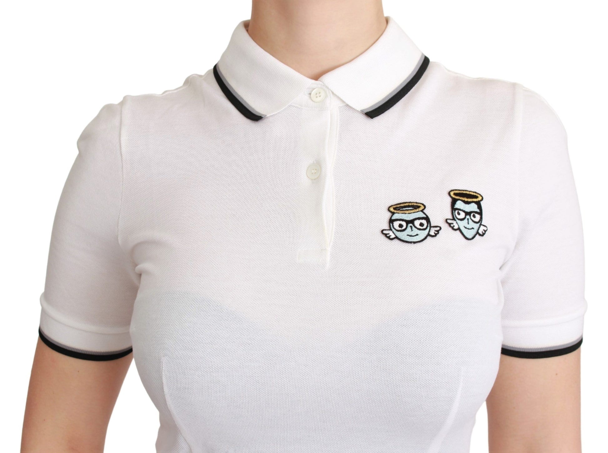 White polo shirt with black collar and sleeves, featuring a cartoon angel design on left chest