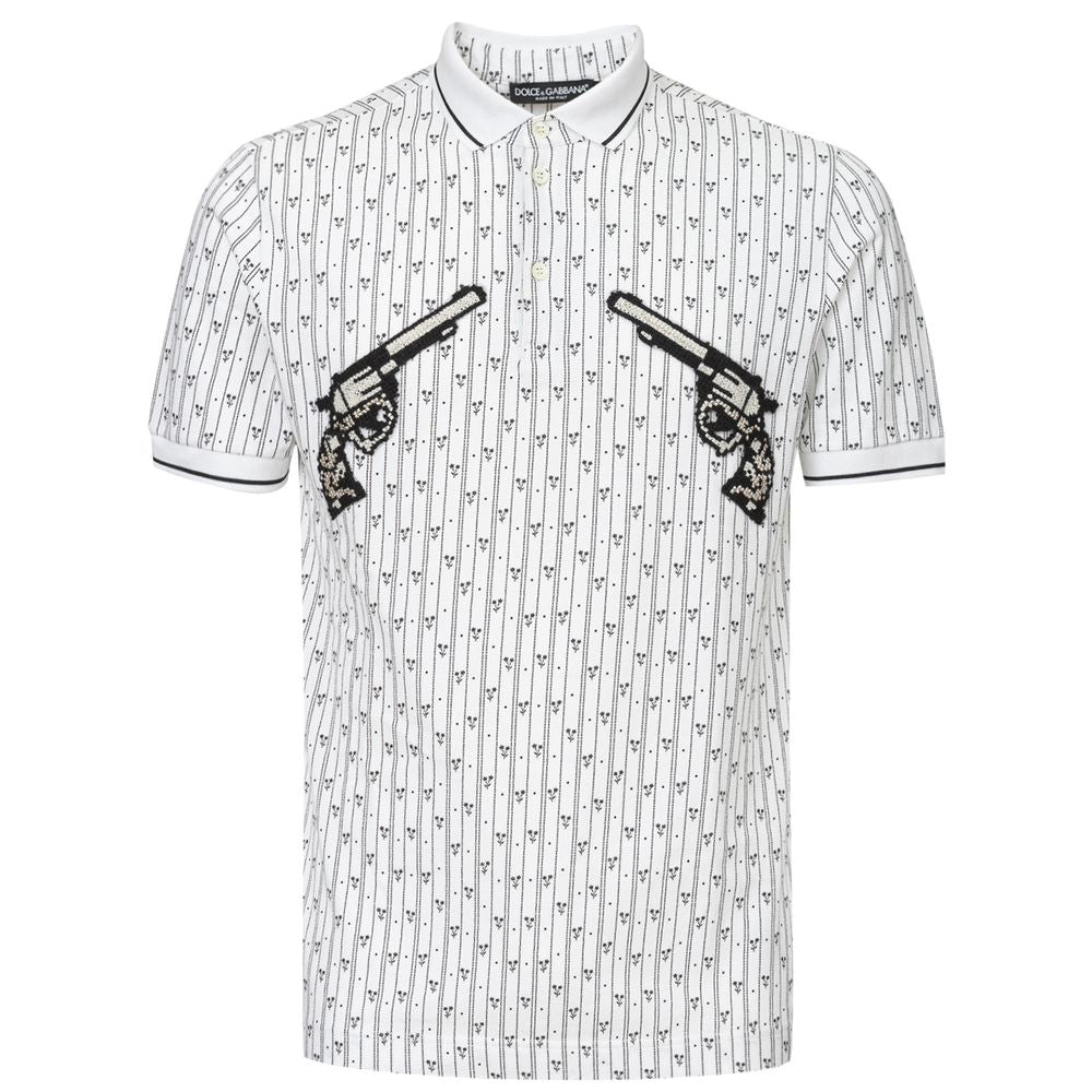 White polo shirt with black pattern on front
