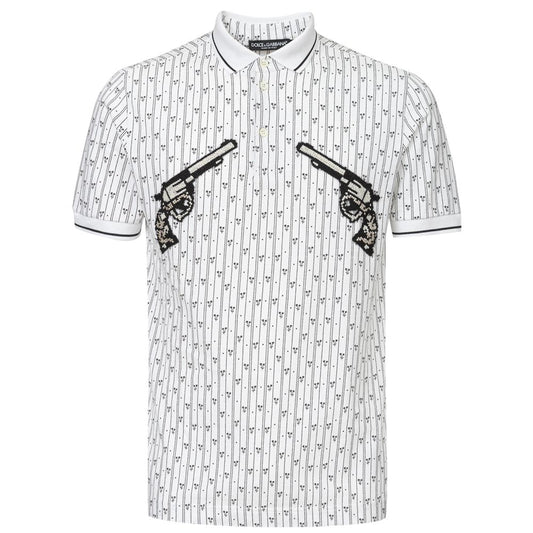White polo shirt with black pattern on front