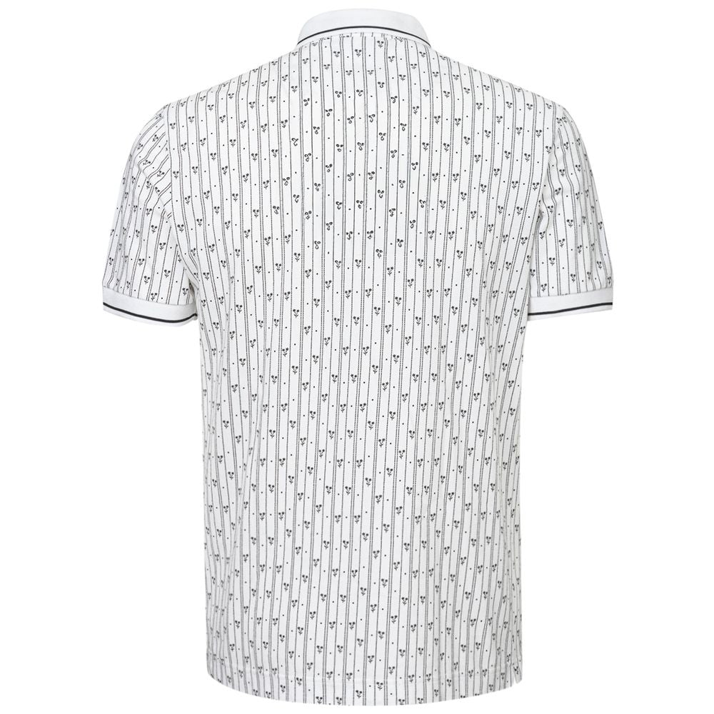 White polo shirt with black pattern on back