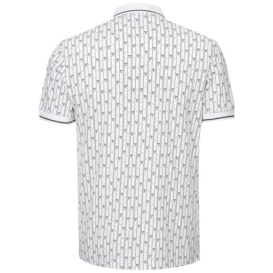 White polo shirt with black pattern on back
