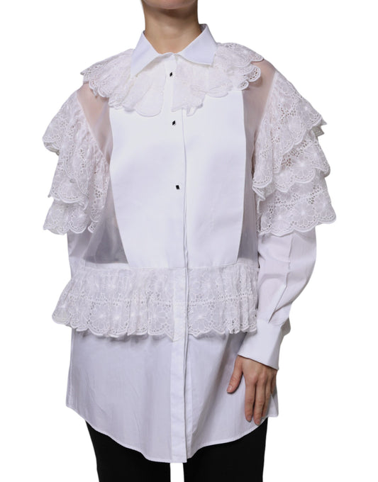 A white cotton poplin shirt dress with lace sleeves and a high neckline