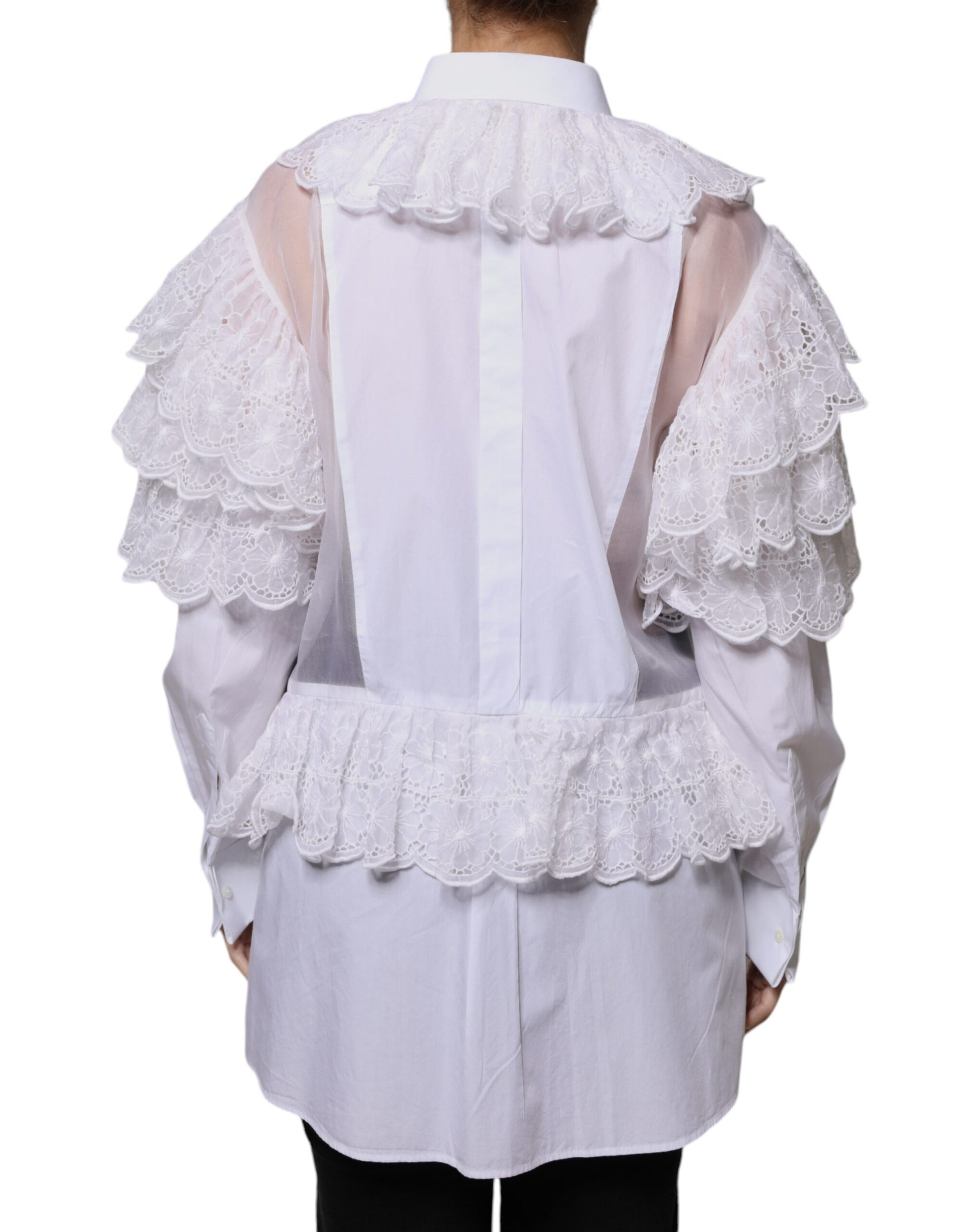 A white cotton poplin shirt dress with lace detailing on the sleeves