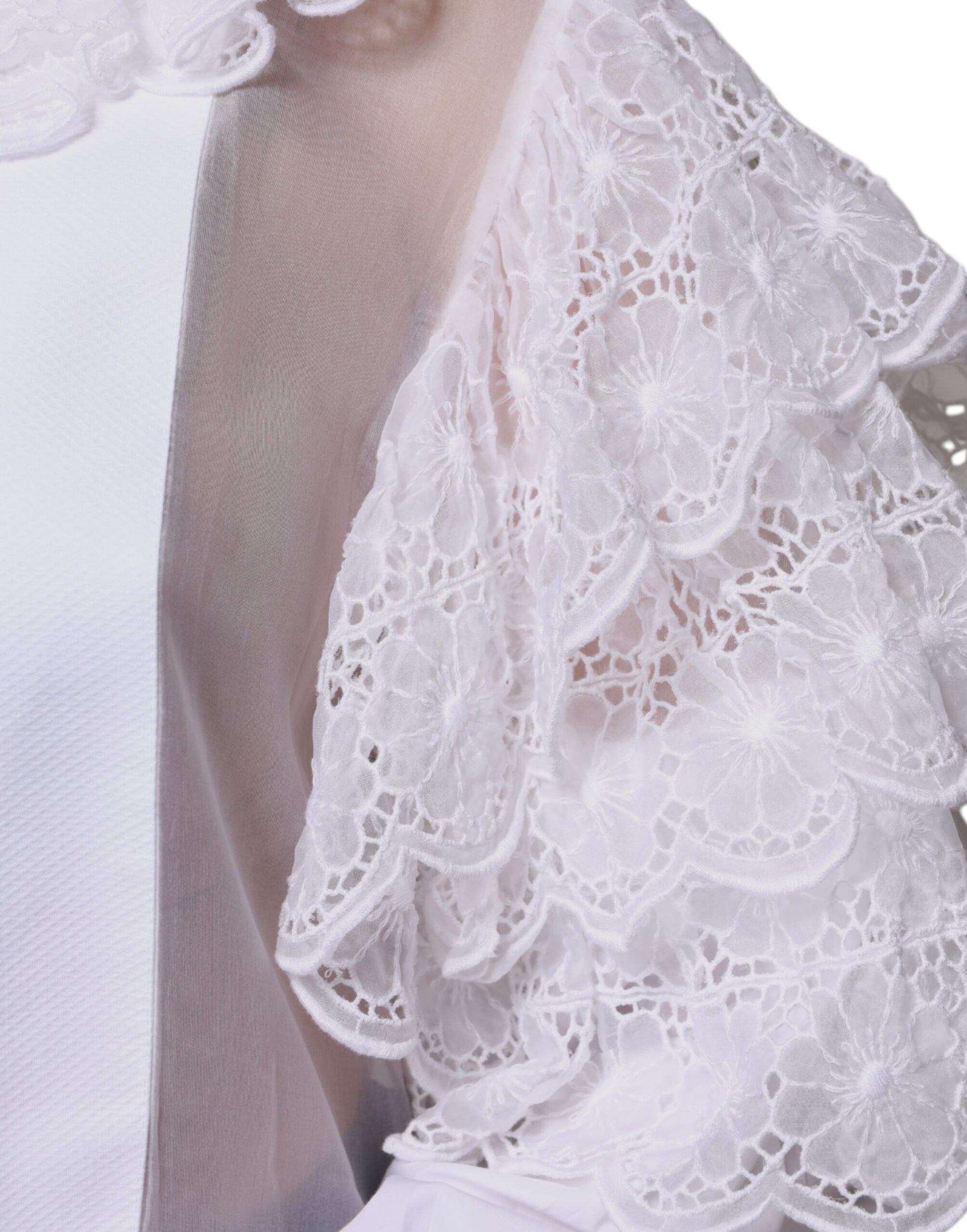 A white lace shirt dress with long sleeves and a sheer overlay