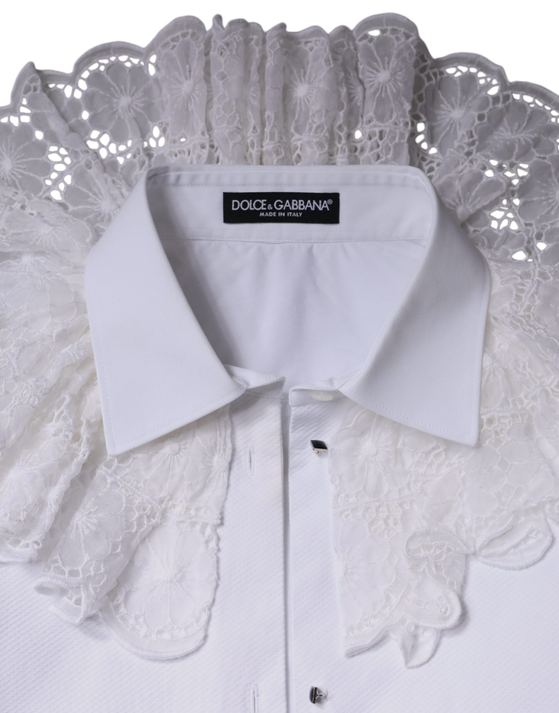 White cotton poplin shirt dress with lace detailing on collar and sleeves