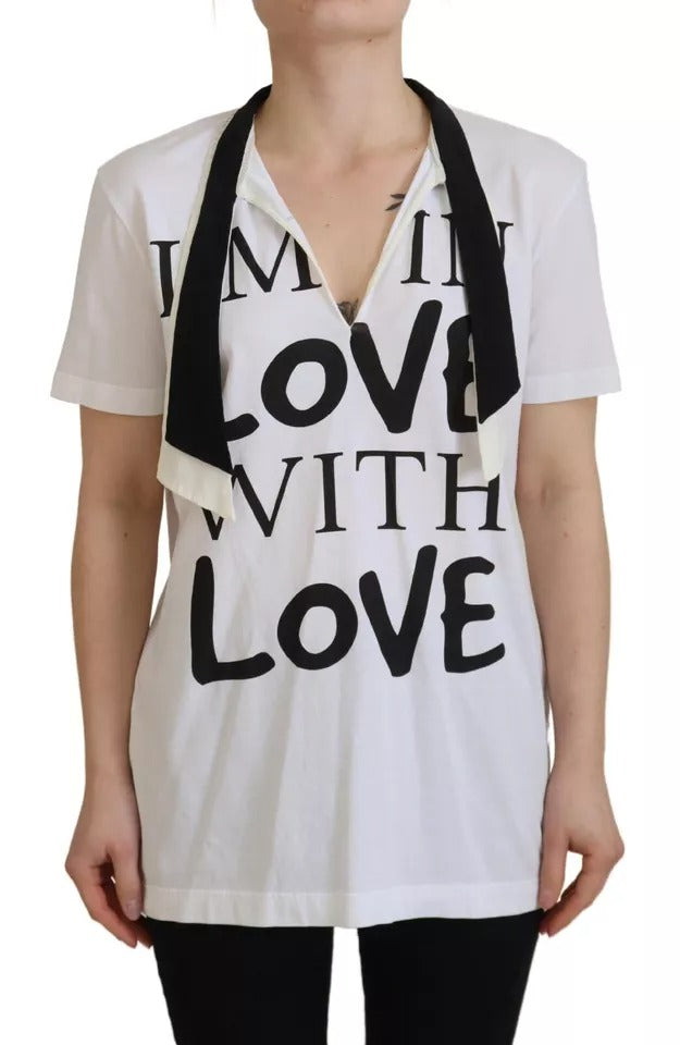 White t-shirt with black lettering