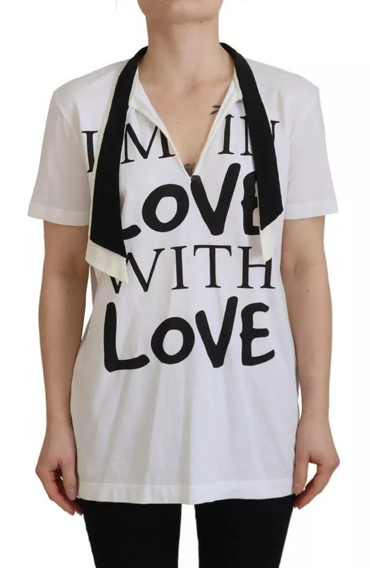 White t-shirt with black lettering