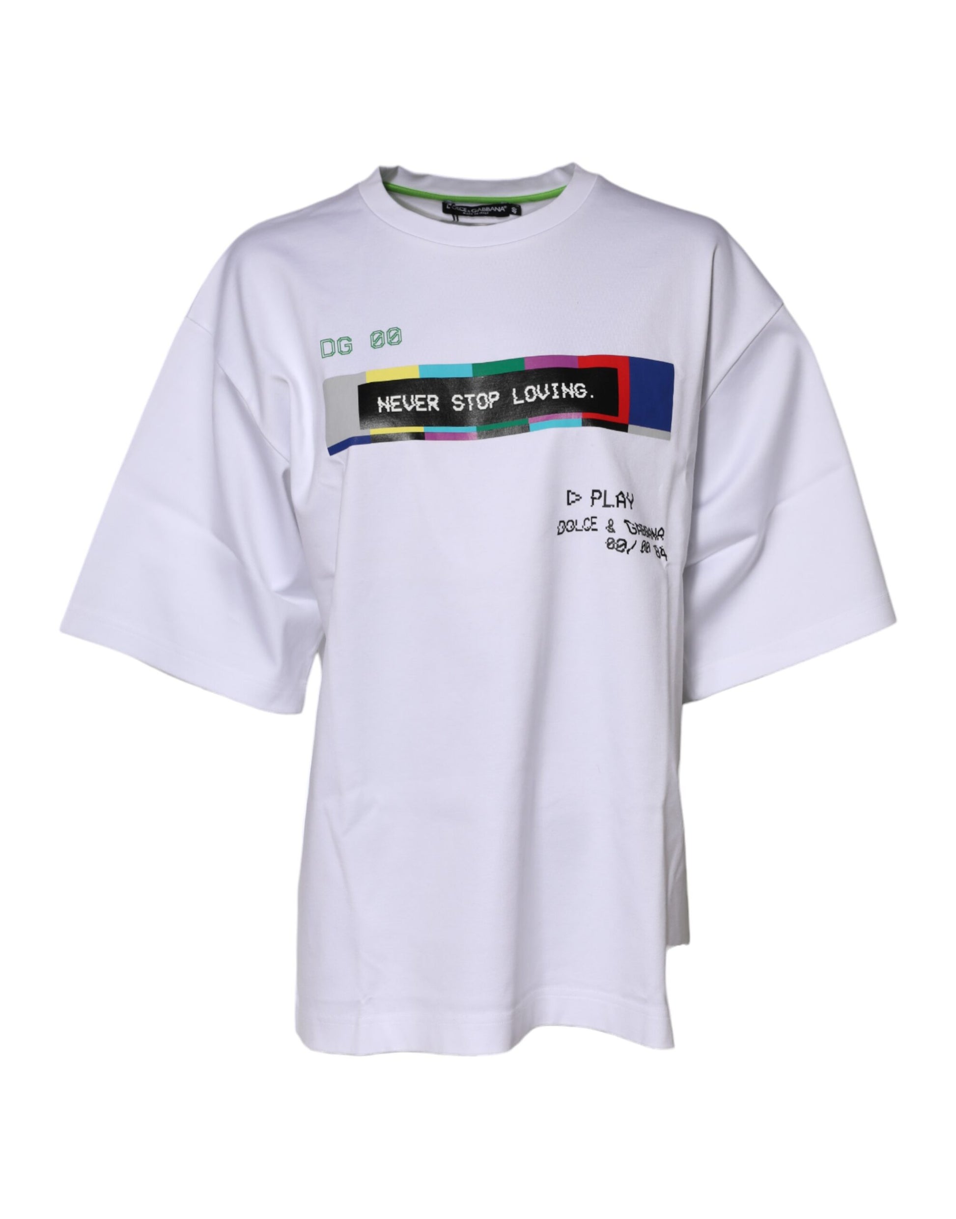 White t-shirt with graphic design on front