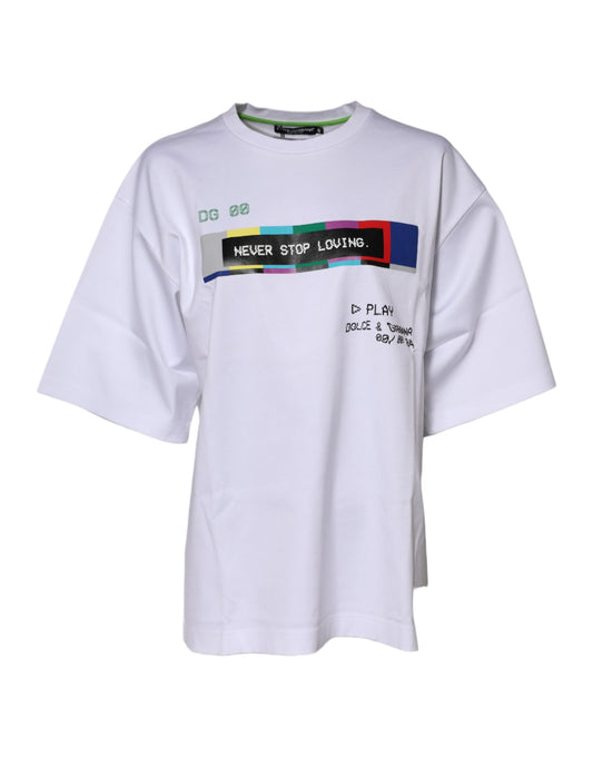 White t-shirt with graphic design on front