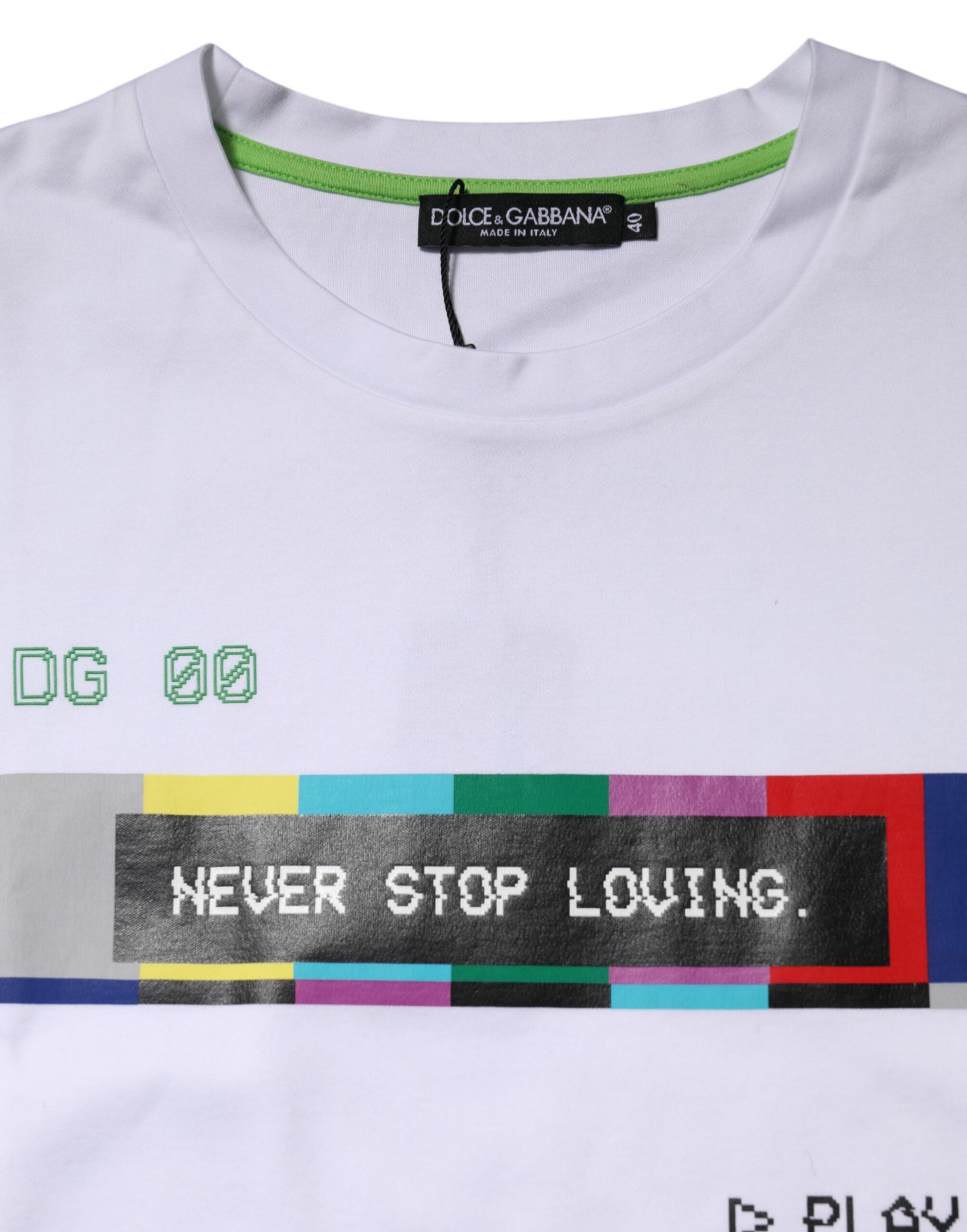 White t-shirt with colorful graphic design on front