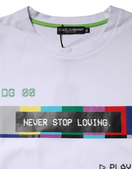White t-shirt with colorful graphic design on front