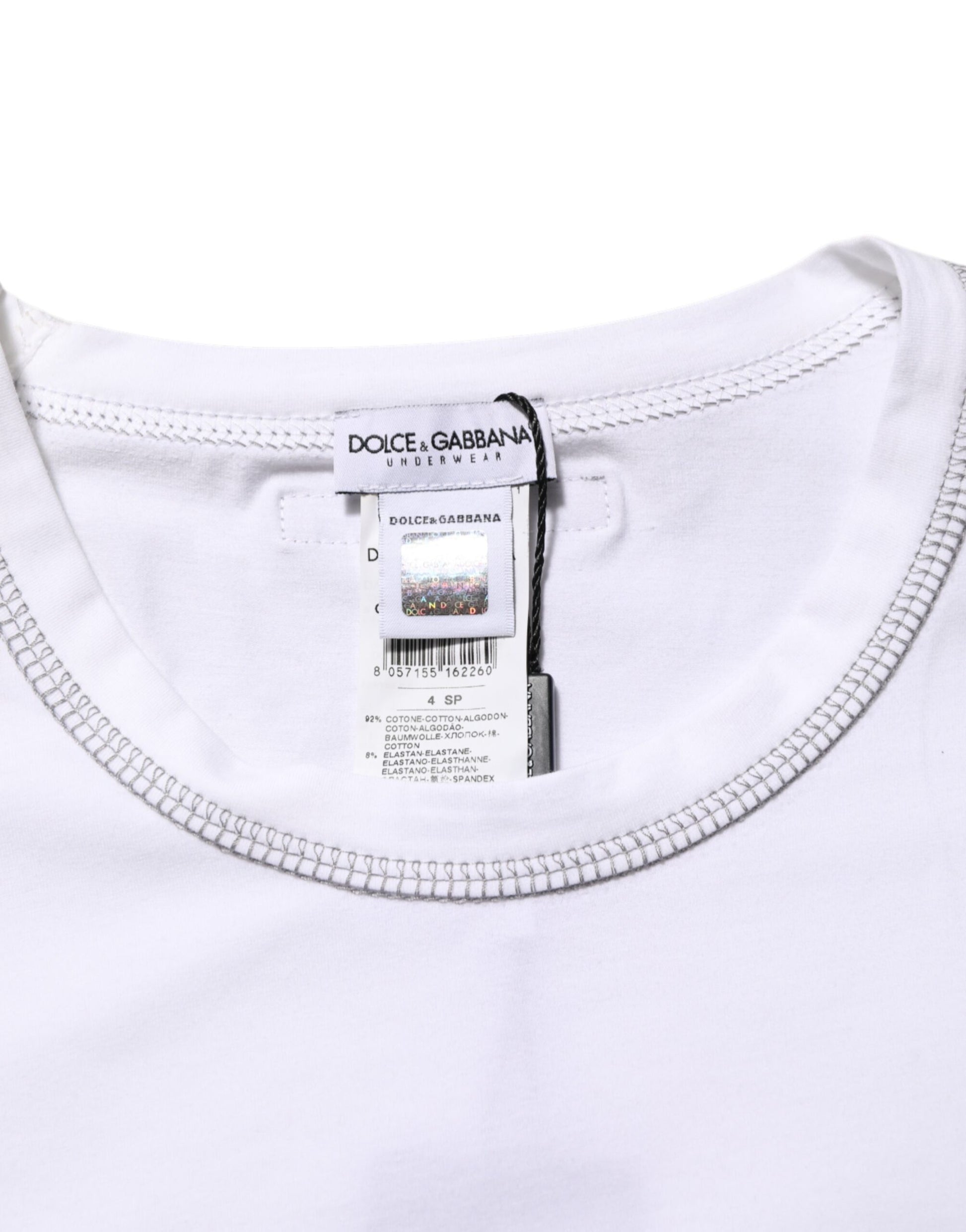 White t-shirt with a tag on the neckline