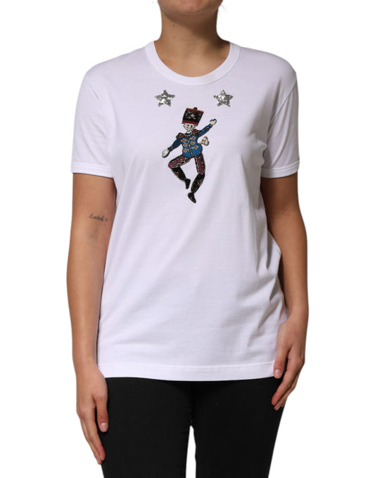 White t-shirt with graphic design on front