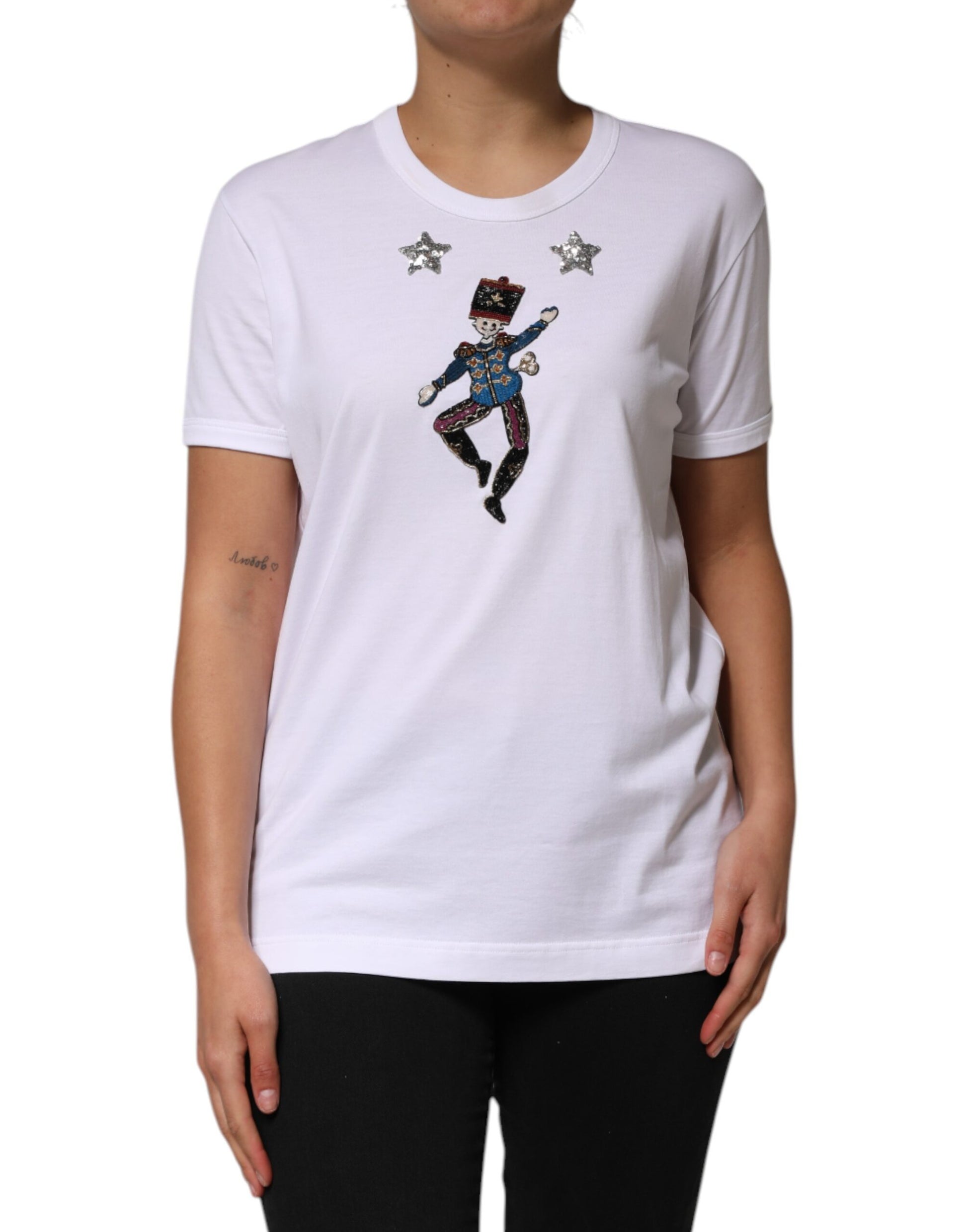 White t-shirt with graphic design on front