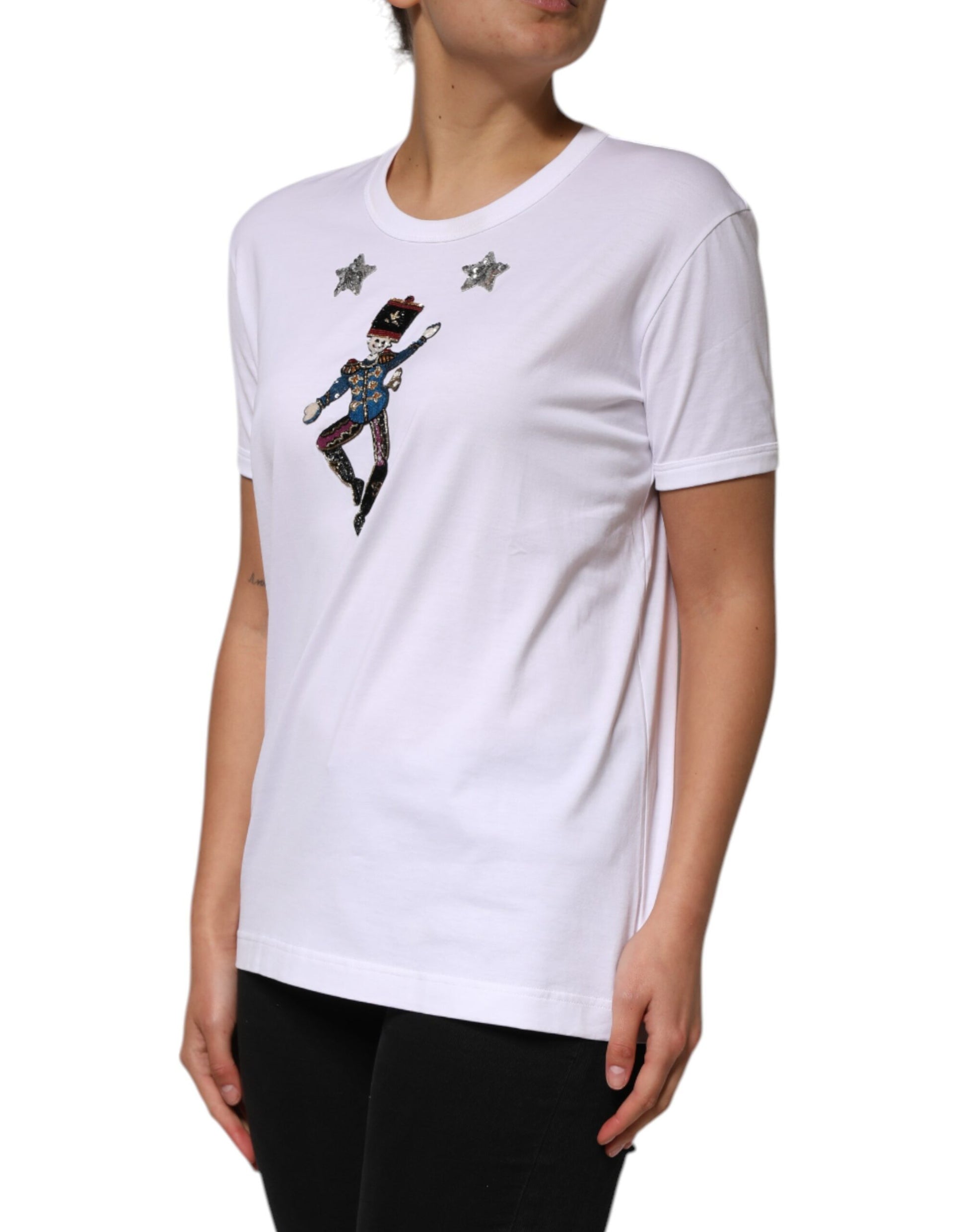 White t-shirt with graphic design on front