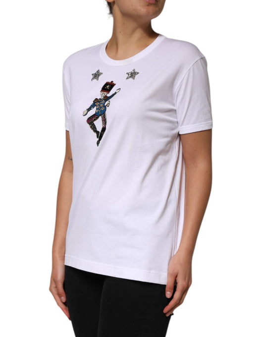 White t-shirt with graphic design on front