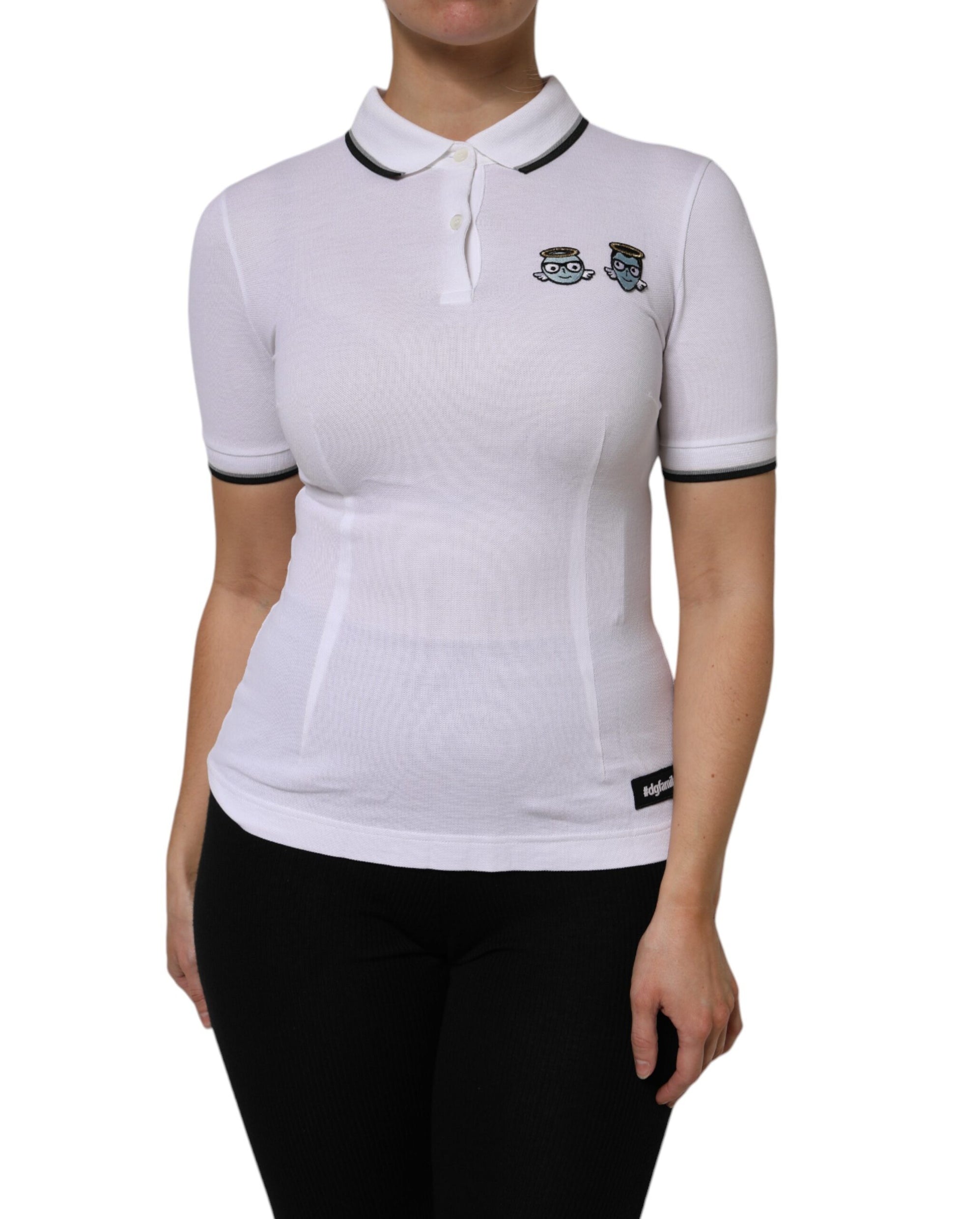 White polo shirt with black collar and sleeve stripes