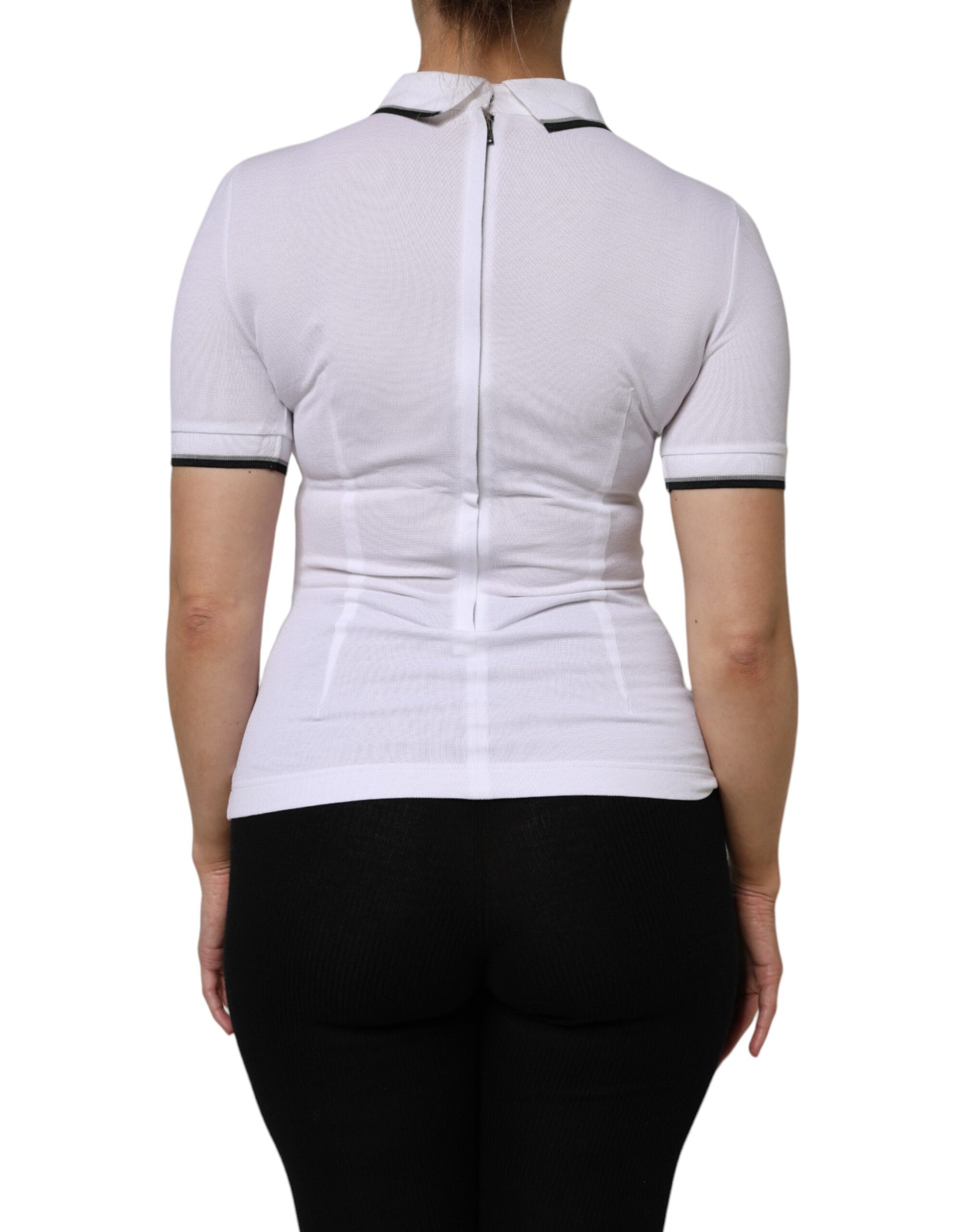 White polo shirt with black stripes on sleeves
