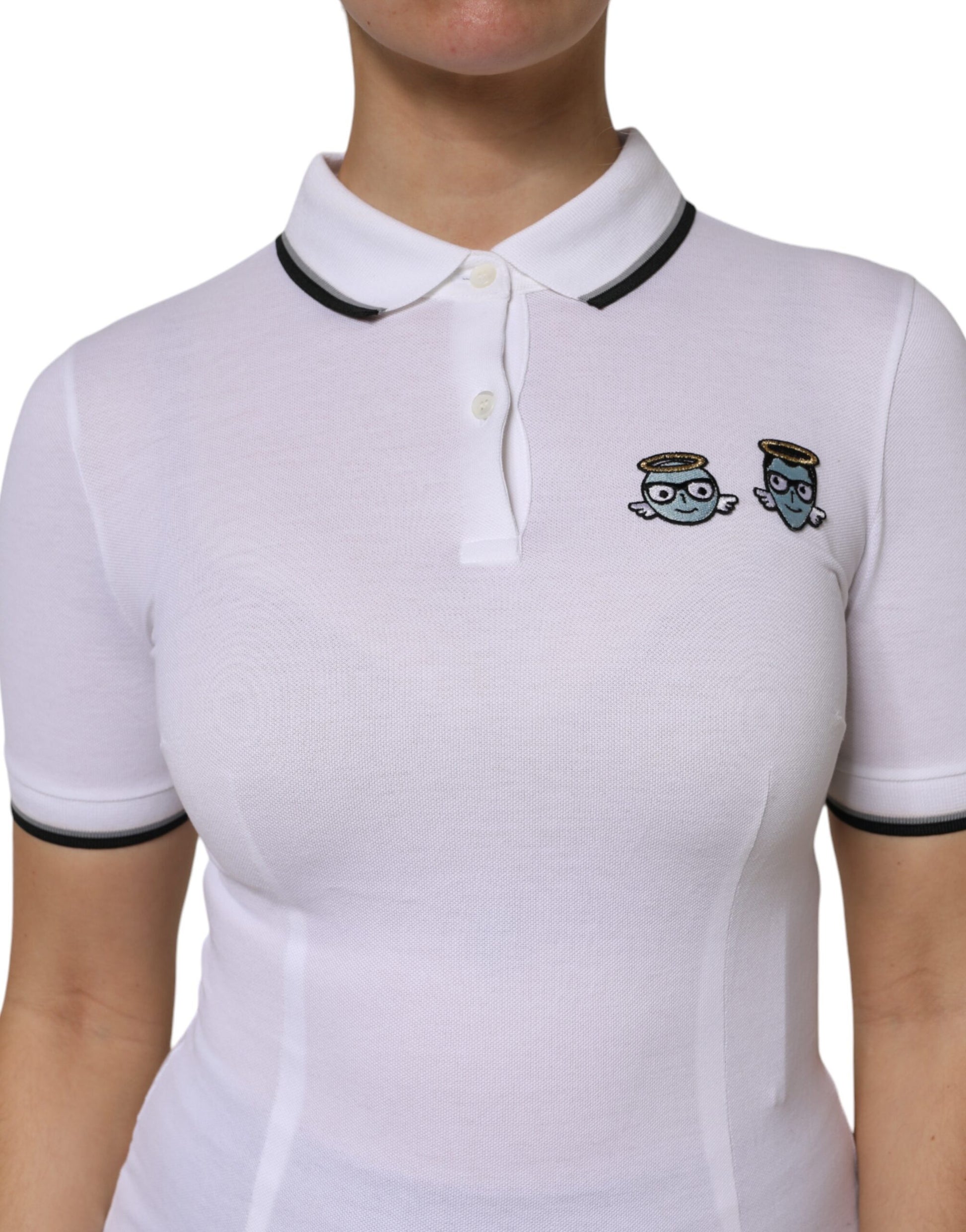 White polo shirt with cartoon character on left chest