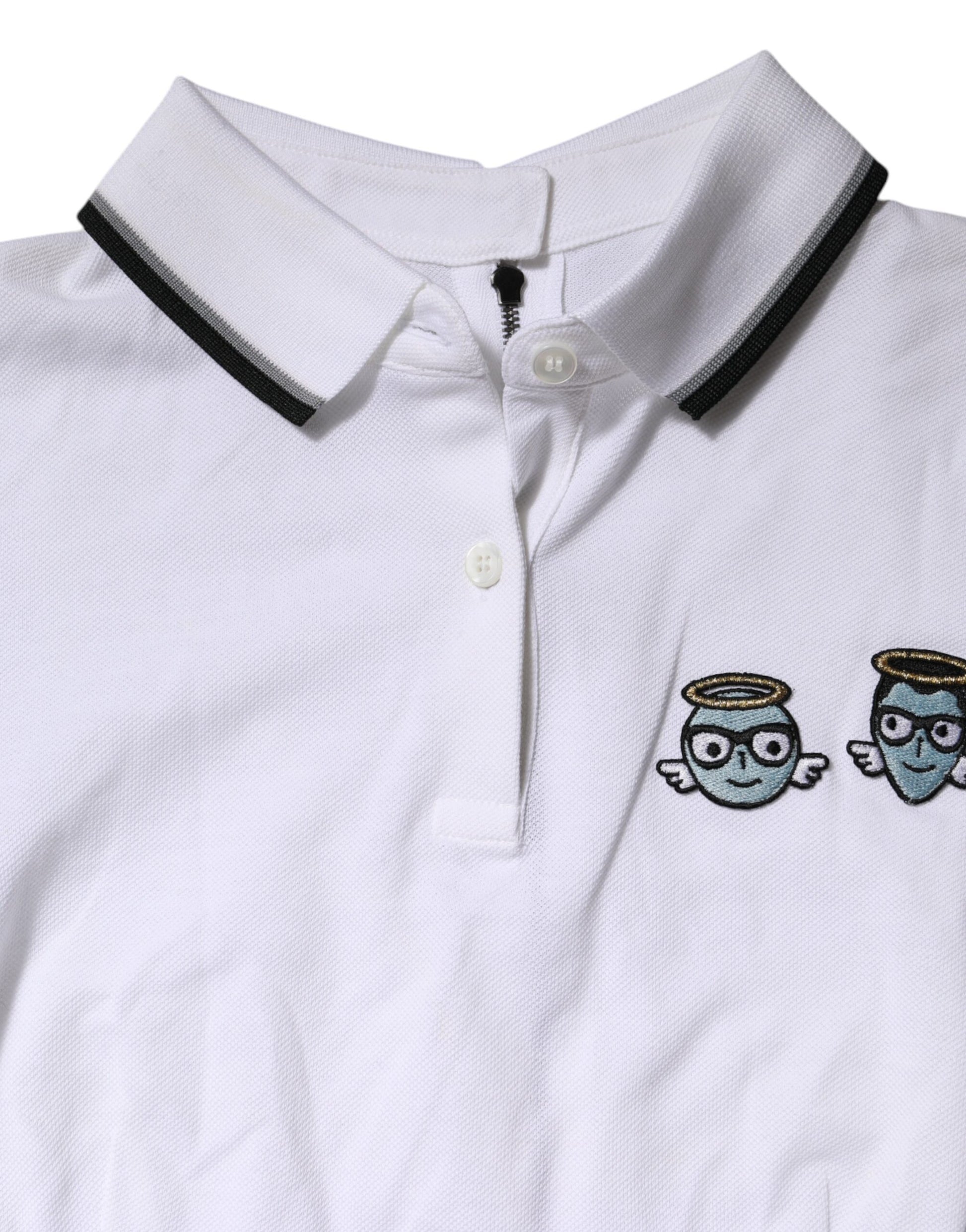 White polo shirt with black collar and sleeve stripes, featuring cartoon angel design on left chest