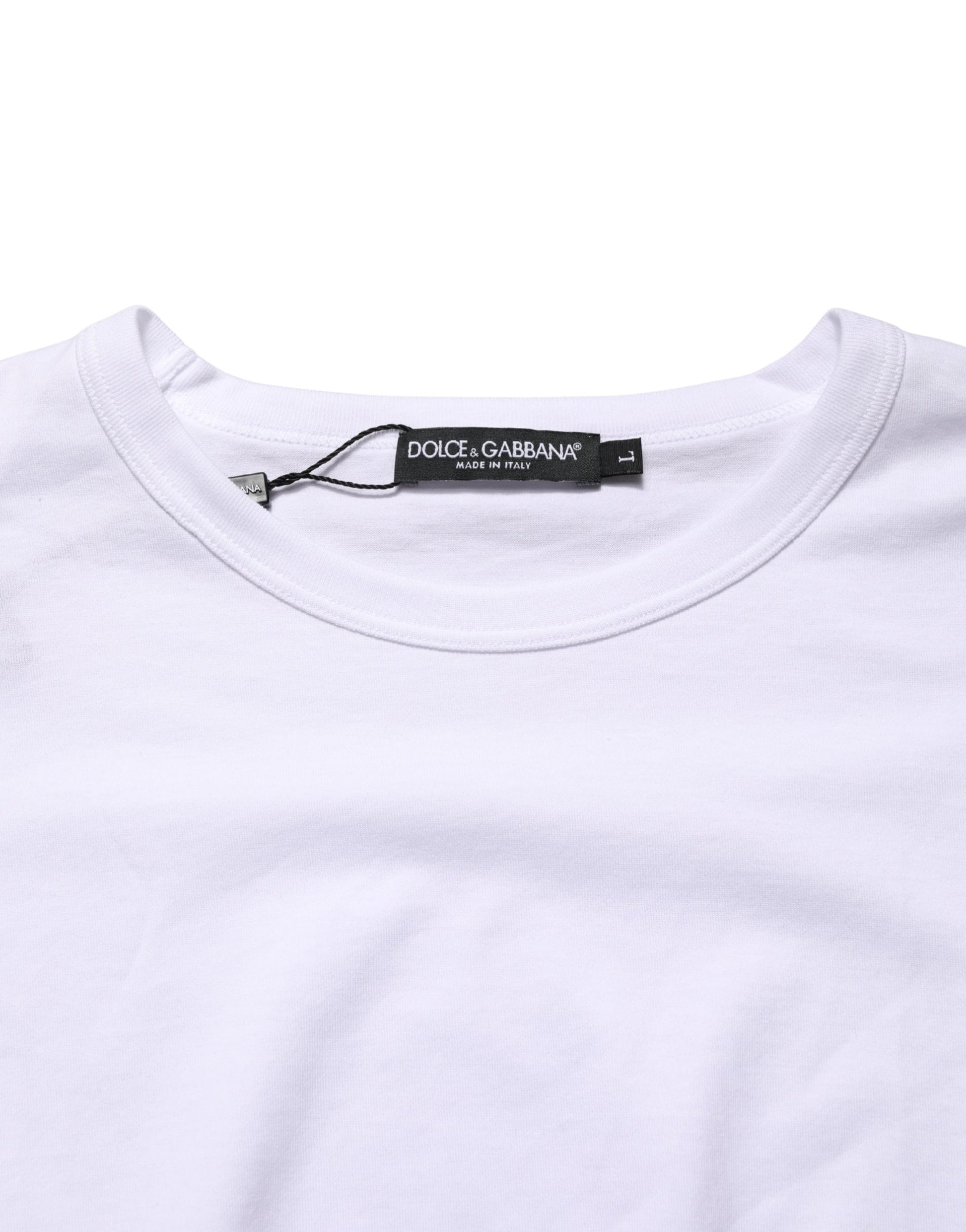 White t-shirt with black label on neck