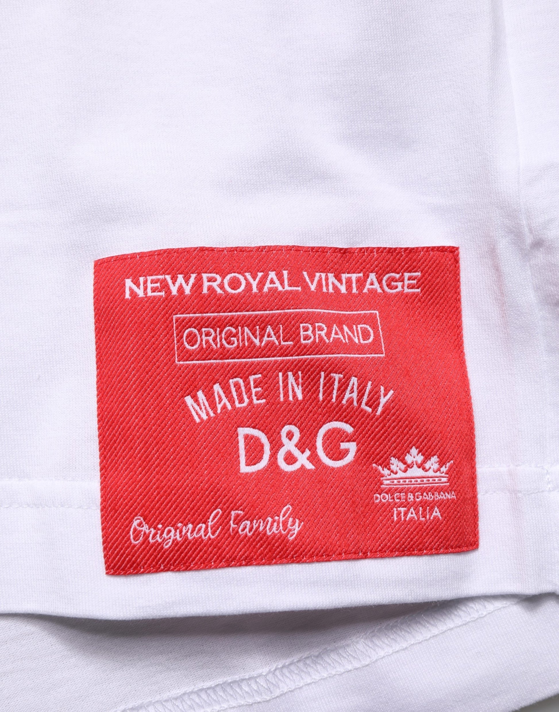 Red tag on white fabric reading "New Royal Vintage Original Brand Made in Italy D&G
