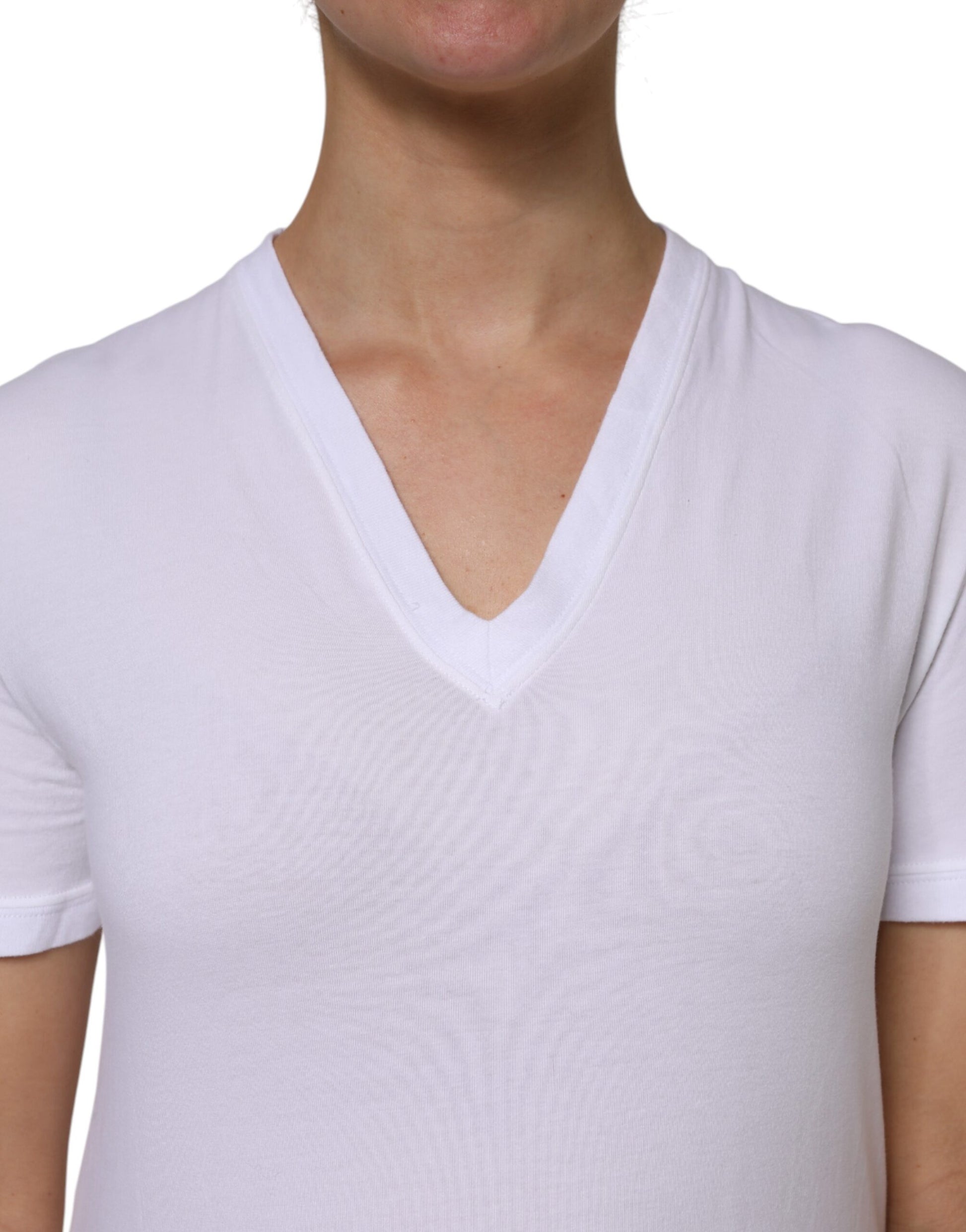 White v-neck t-shirt on a person