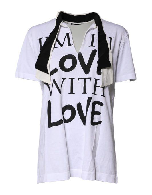 White t-shirt with black lettering