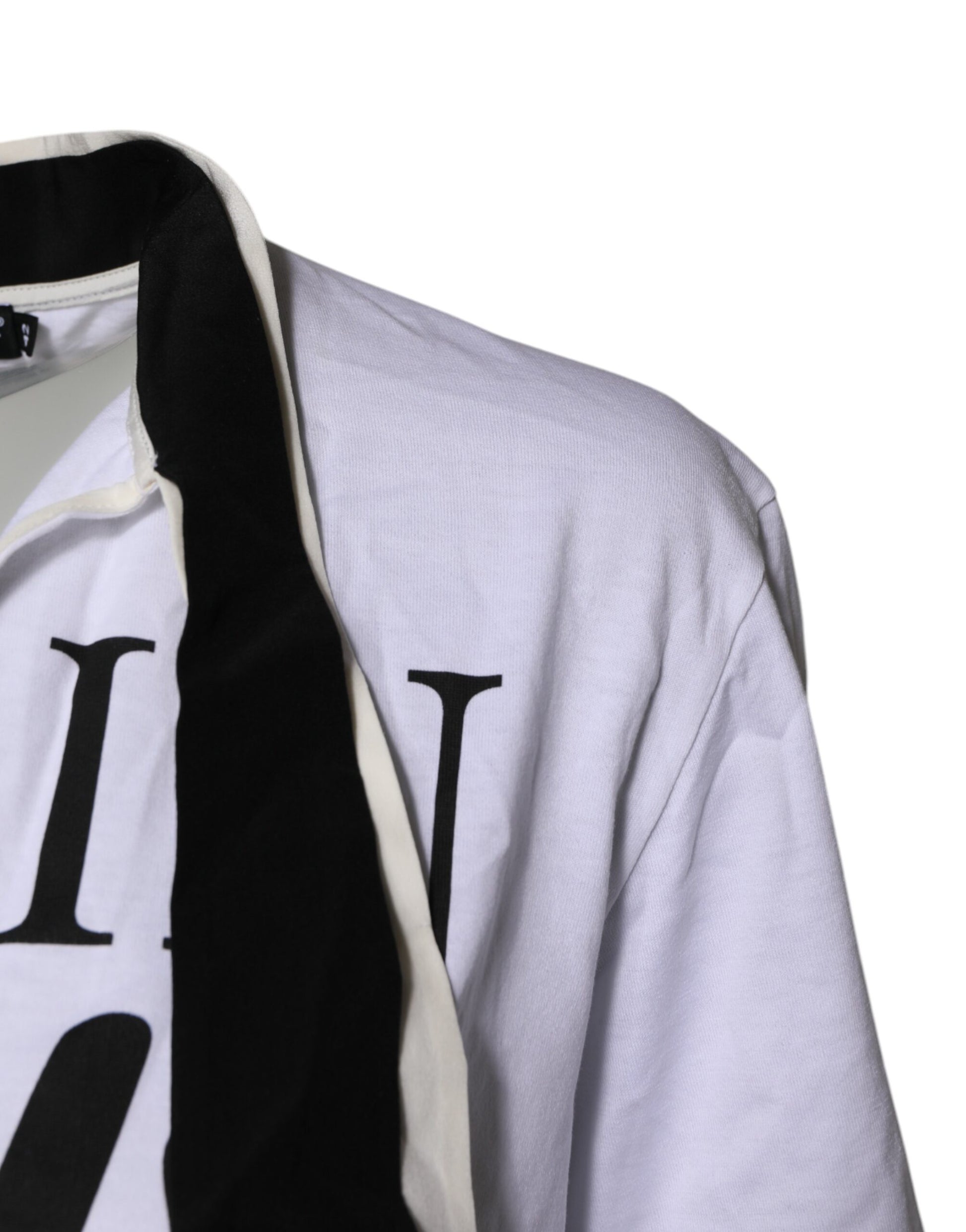 White long sleeve shirt with black collar and cuffs